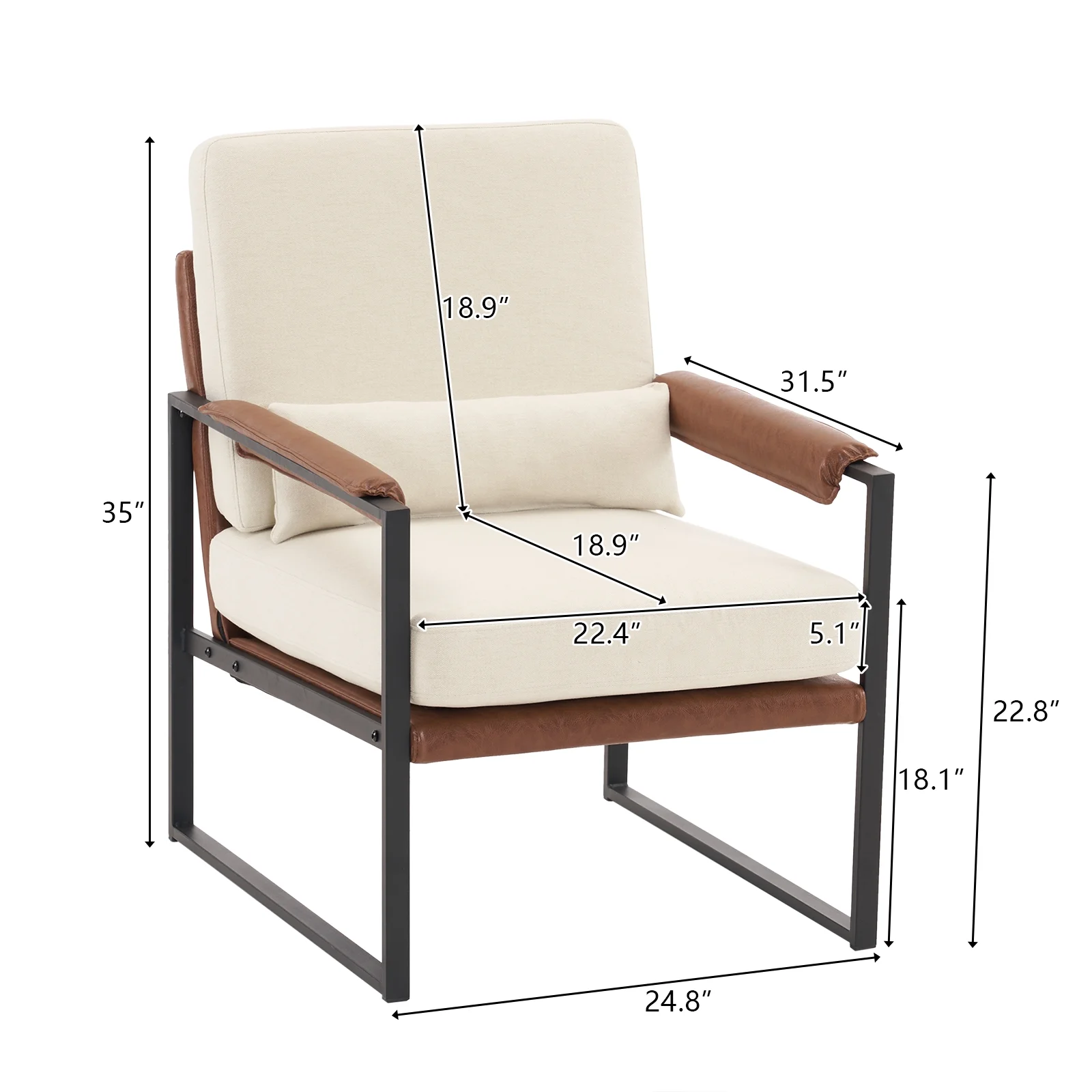 Ktaxon Accent Chair Lounge Armchair Modern Linen Fabric Upholstered Single Sofa with Black Coated Metal Frame Creamy White and Brown