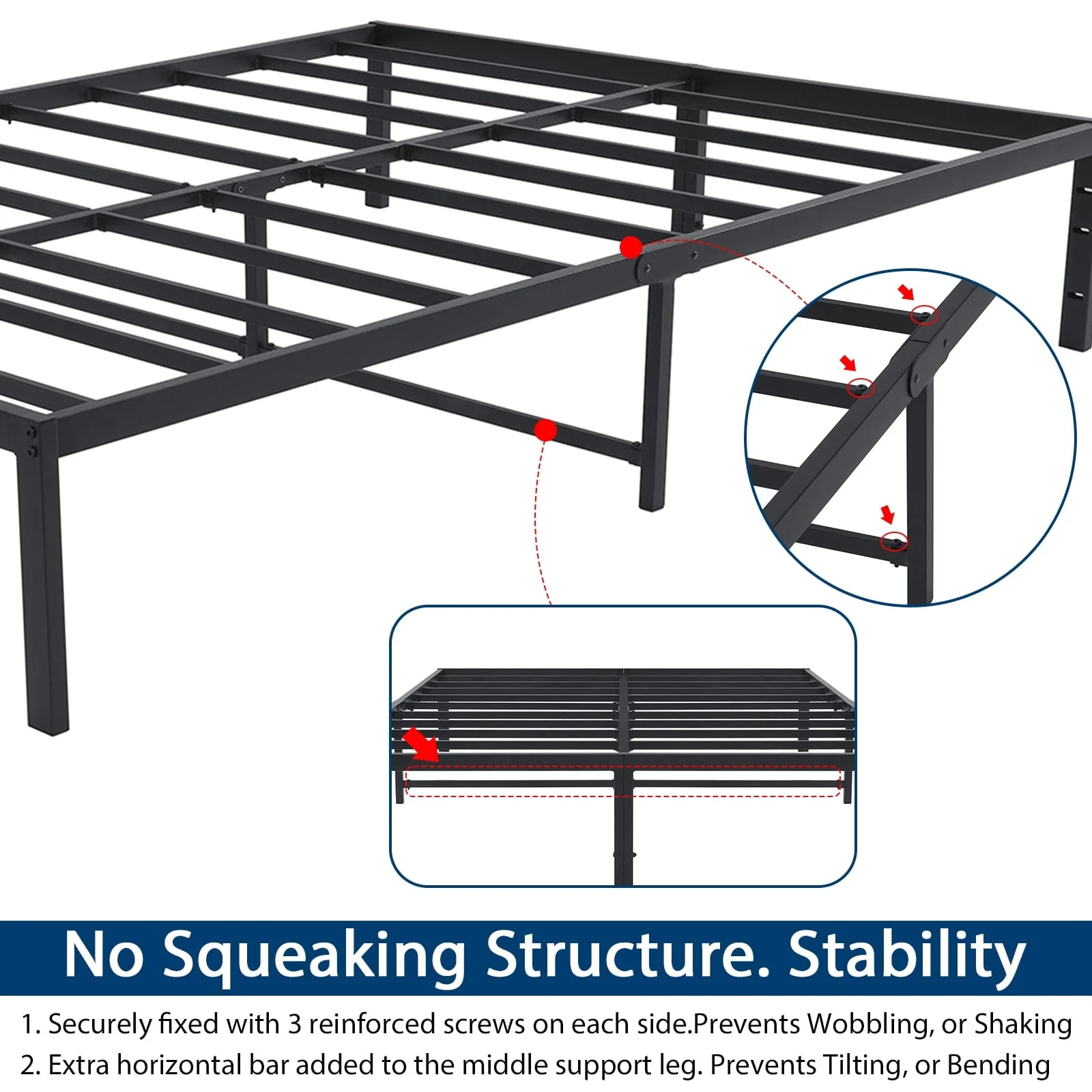 Lusimo Metal Queen Bed Frame with Storage No Box Spring Needed 14 inch Heavy Duty Steel Slat and Anti Slip Support Easy Lock Assembly,Black