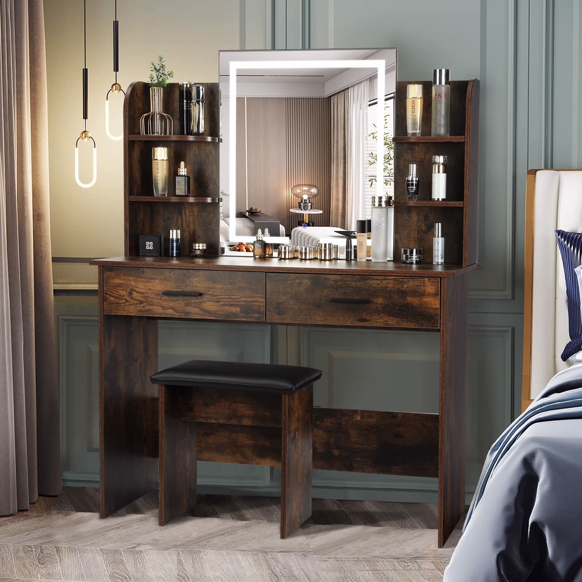 RichYa Modern Makeup Vanity Set with Lights Mirror and Drawers,White Makeup Desk,Dressing Table