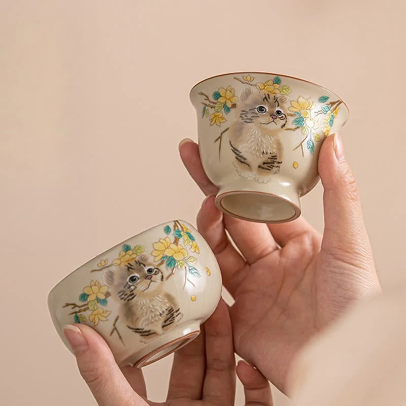 Buddha Stones Cute Cat Yellow Flowers Rabbit Teacup Kung Fu Tea Cup