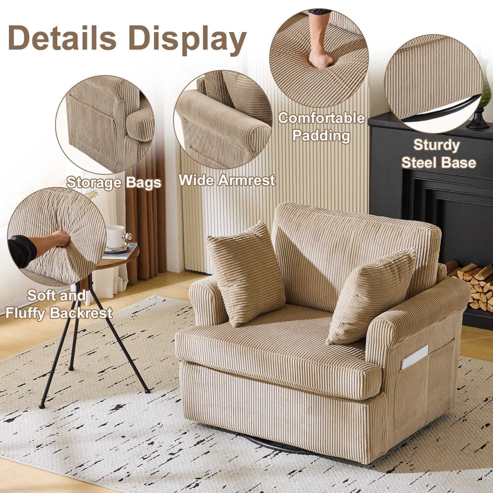 Ktaxon Swivel Accent Chair, 360-Degree Rotation Reading Chair, Corduroy Fabric Sofa with Armrest Pockets, Solid Metal Base, Perfect for Living Room Bedroom Black