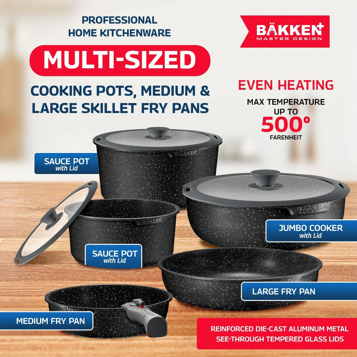 Bakken Master 38 Piece Granite Cookware and Bakeware Set �C Nonstick Granite Coating, Pots and Pans with Detachable Handles and Tempered Glass Lids, 6-piece Bakeware set, 12-piece Mixing Bowls,Brown