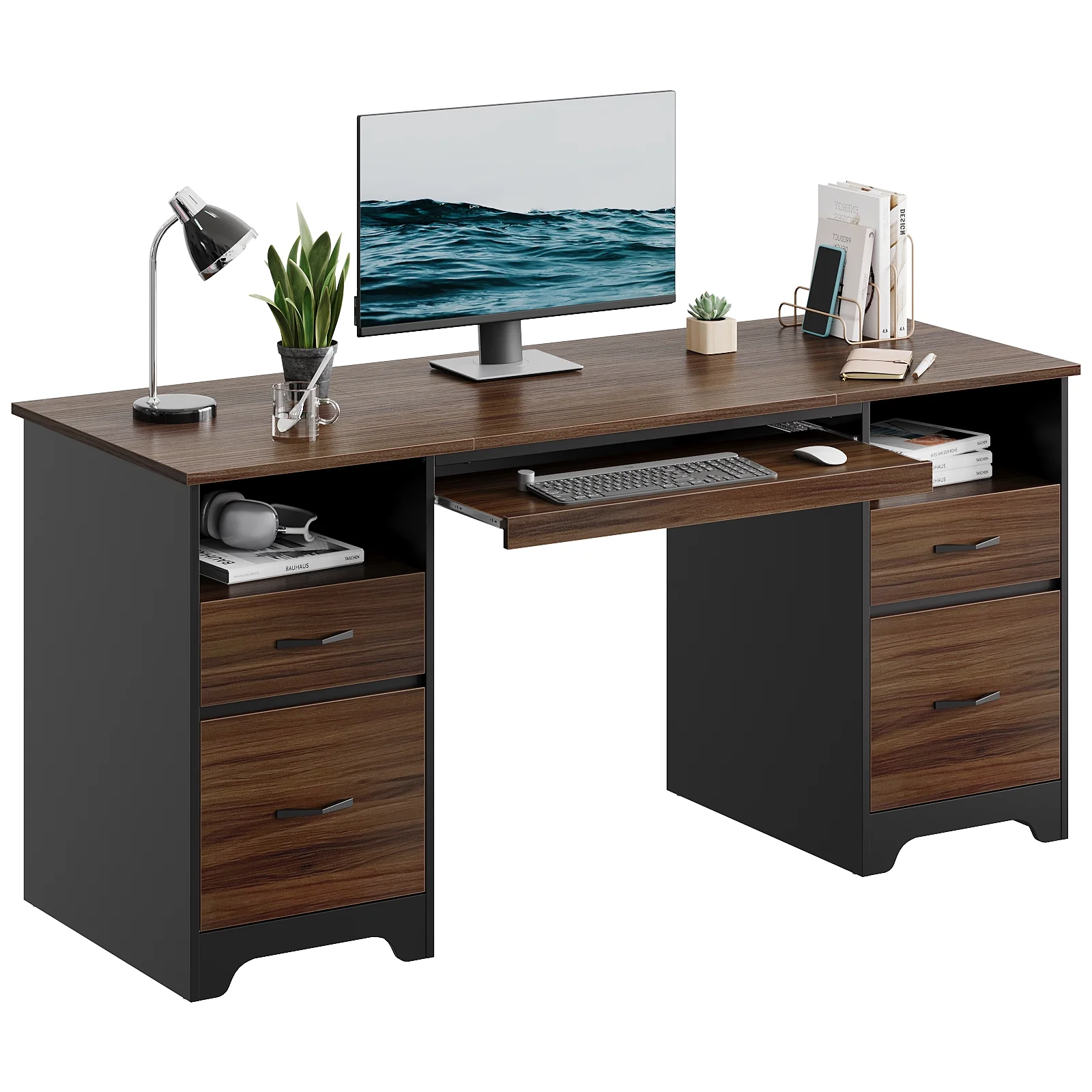 Bestier 59�� Computer Desk with 4 Drawers, Office Executive Desk with File Drawer, Keyboard Tray for Home Office, Gray