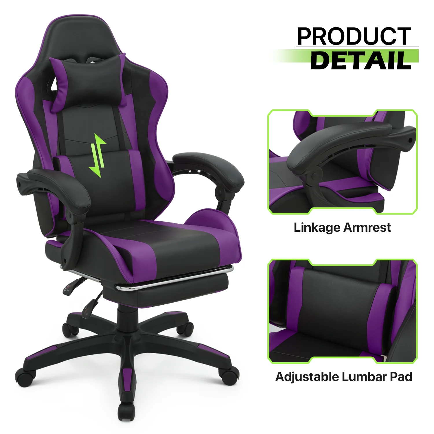 Magshion Adjustable Gaming Chair, Ergonomic PC Computer Seat with Headrest and Lumbar Support for Adults Teens Desk Chair, Black