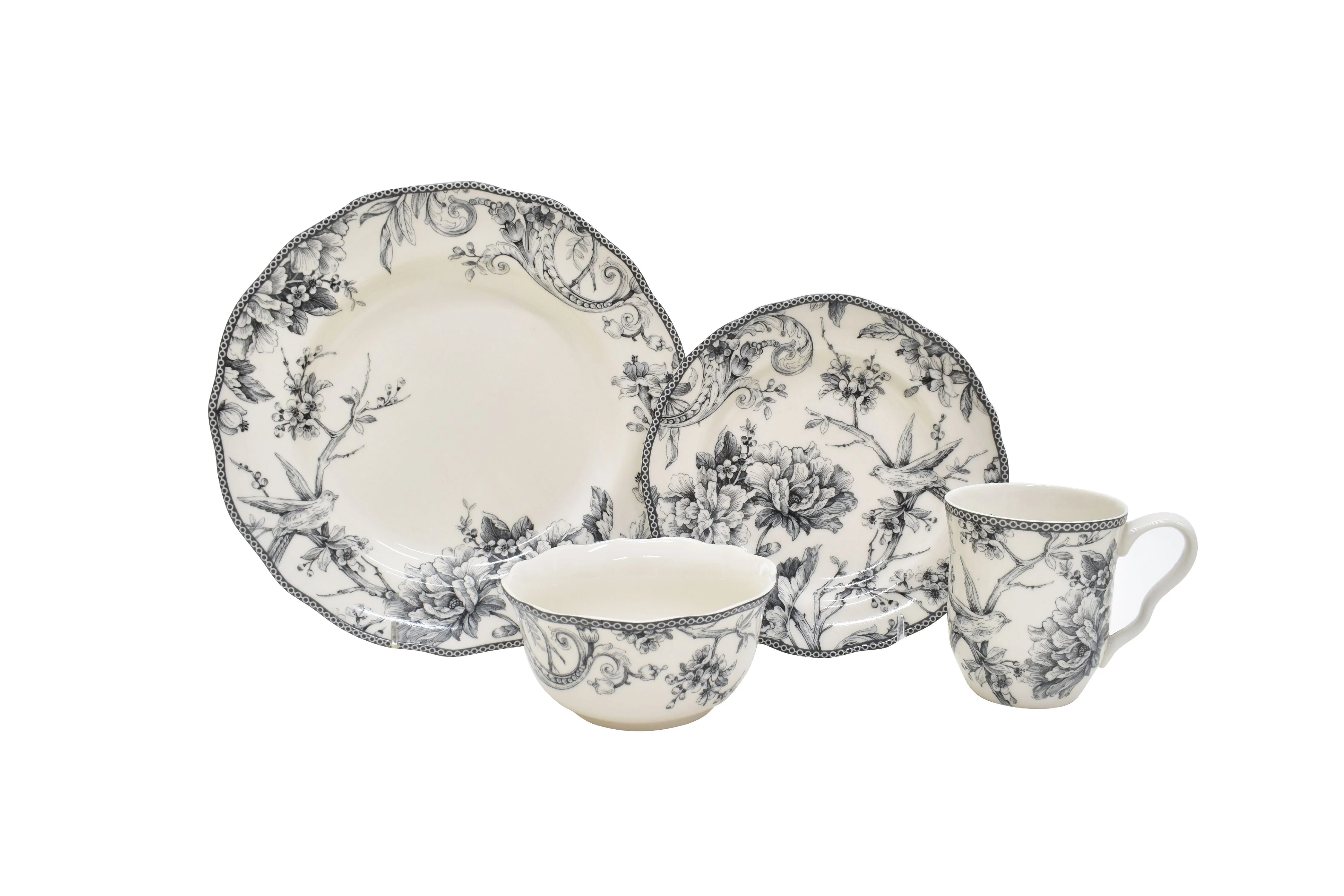 222 Fifth Adelaide Round 16-Piece Porcelain Dinnerware Set, Black Toile