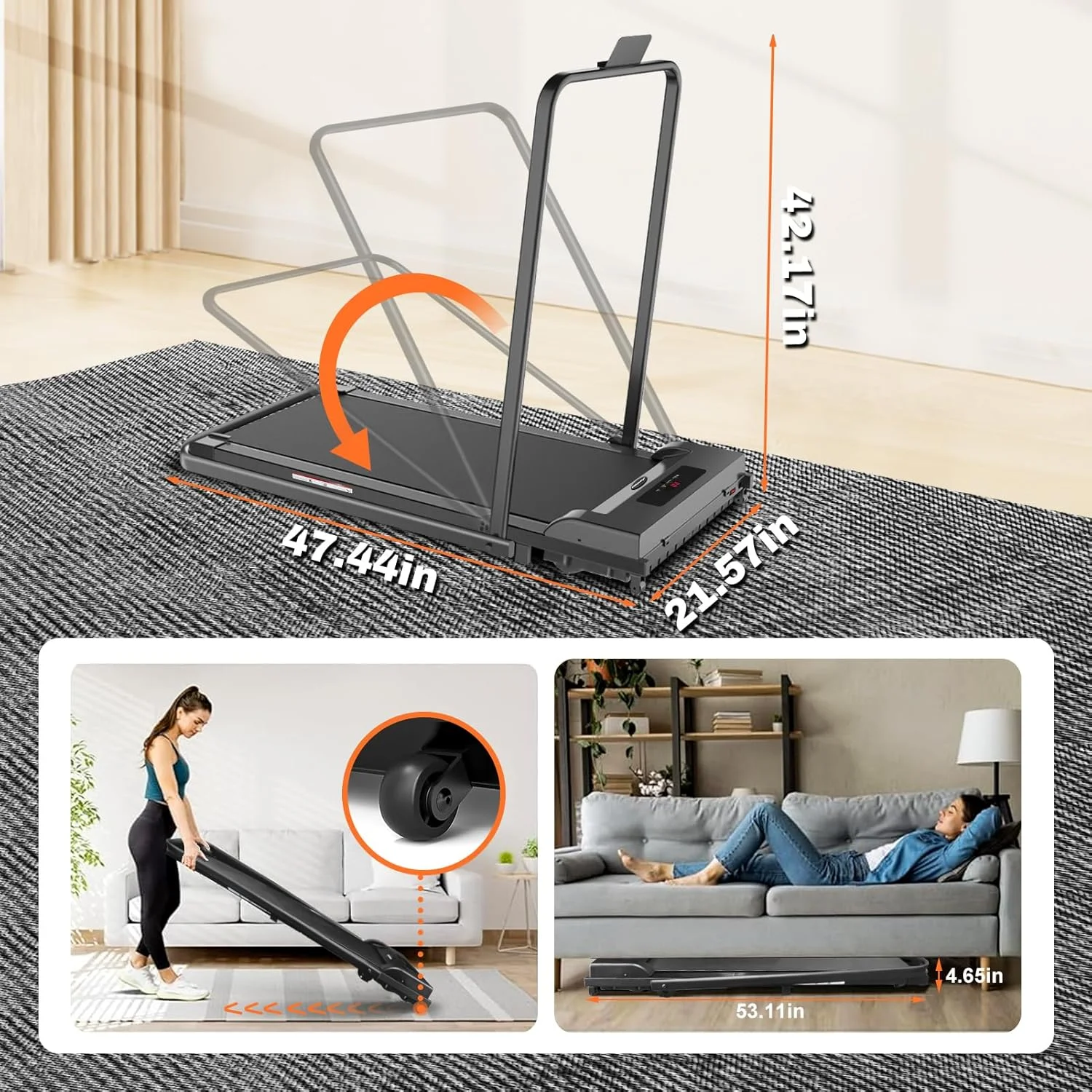 2 in 1 Walking Pad Treadmill, Foldable Treadmills with Handle Bar, 2.5HP Portable Folding Treadmill with Remote Control, Under Desk Treadmill for Home Office, Small Treadmill, 300lb