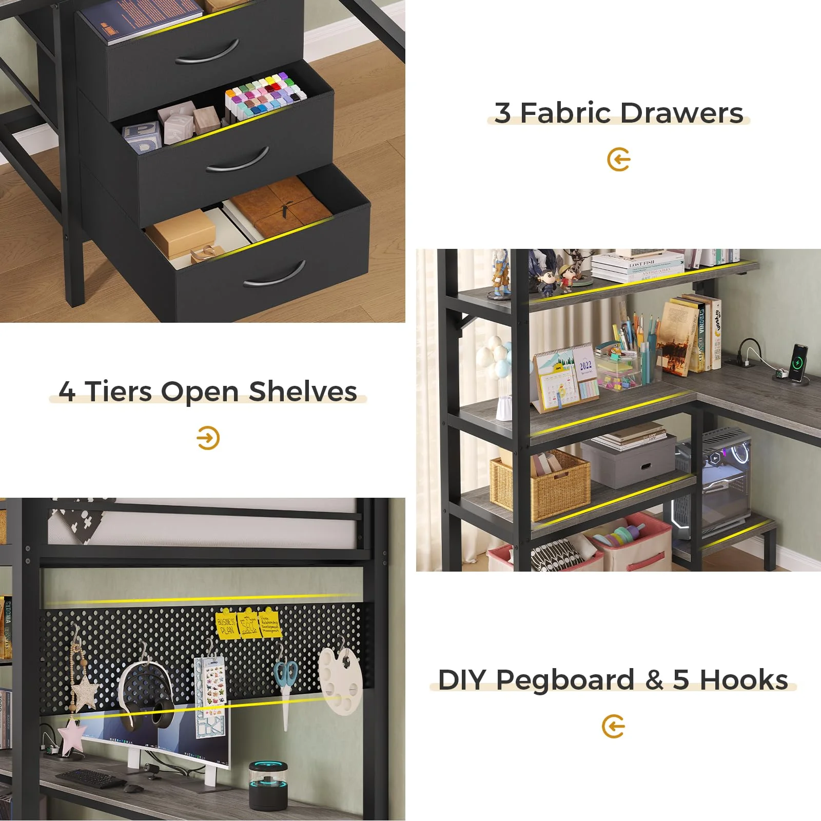 Afuhokles Loft Bed Twin Size with L-Shaped Desk and Charging Station, LED Light Twin Metal Loft Bed with Fabric Drawers and Shelves, Gray