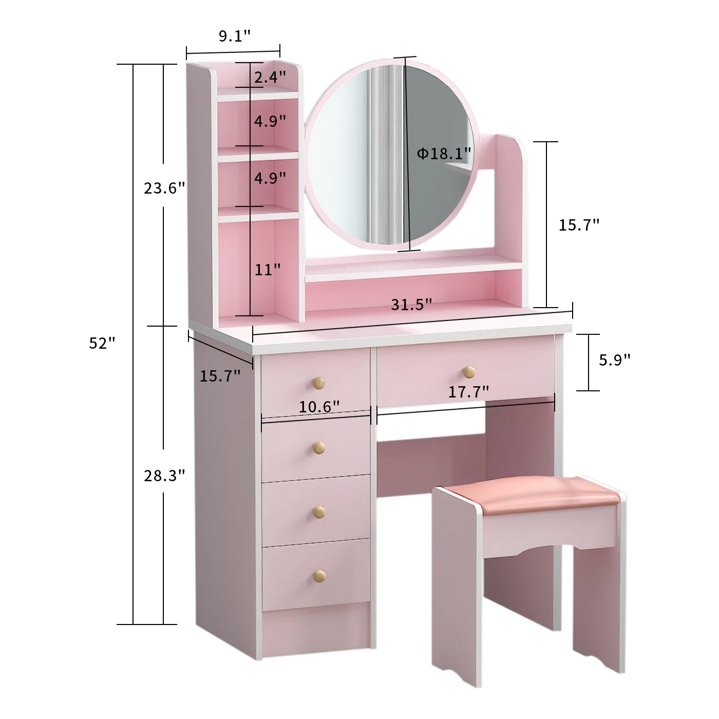 MONSLIPA Makeup Vanity Desk Set w/ Light, Sturdy Dressing Vanity Table with Bench, Shelves & Drawers