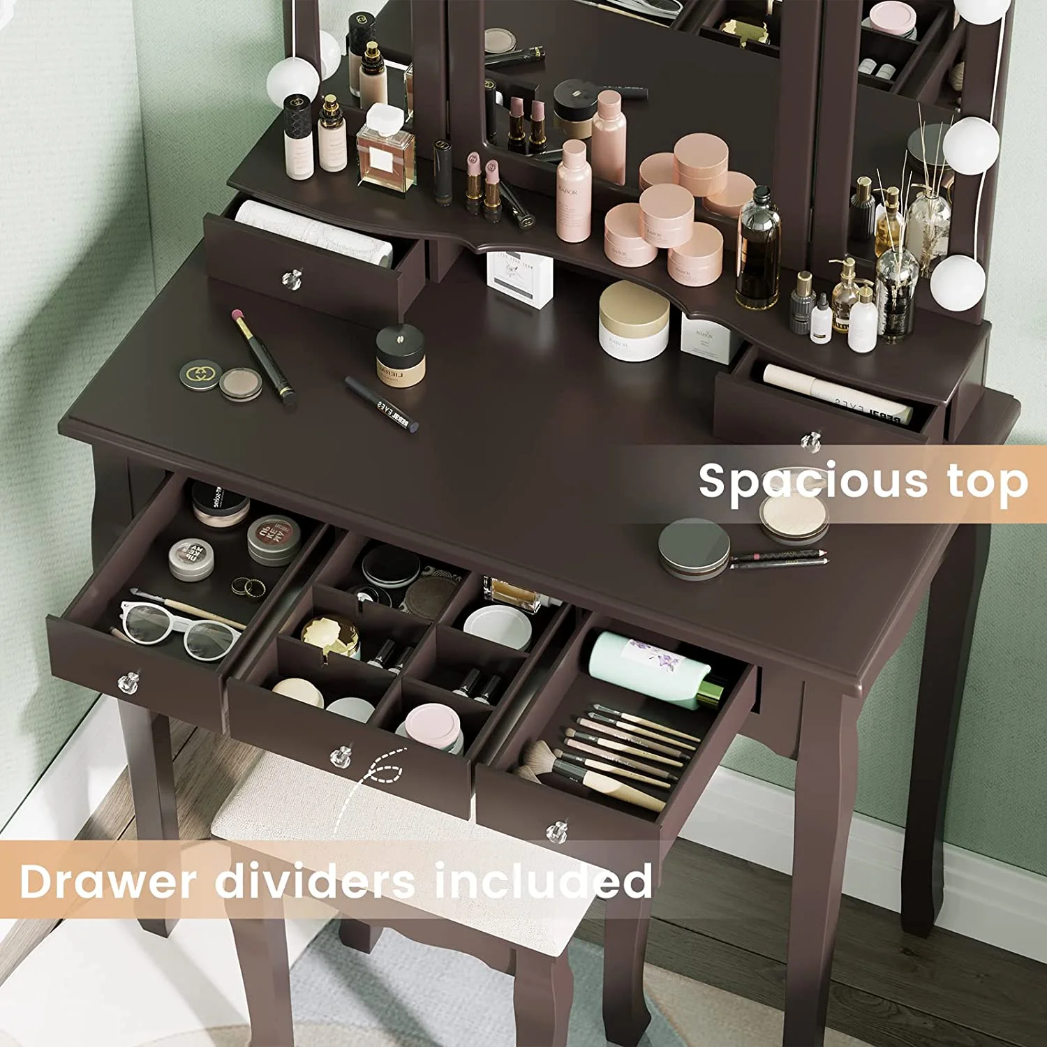 Afuhokles Vanity Table Set with Lighted Tri-Fold Mirror and Stool, Makeup Vanity Dressing Desk 5 Drawers, White