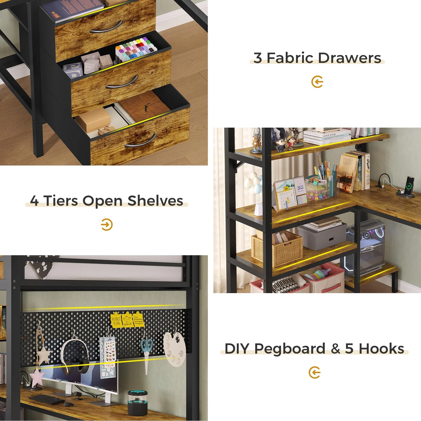Afuhokles Loft Bed Twin Size with L-Shaped Desk and Charging Station, LED Light Twin Metal Loft Bed with Fabric Drawers and Shelves, Gray