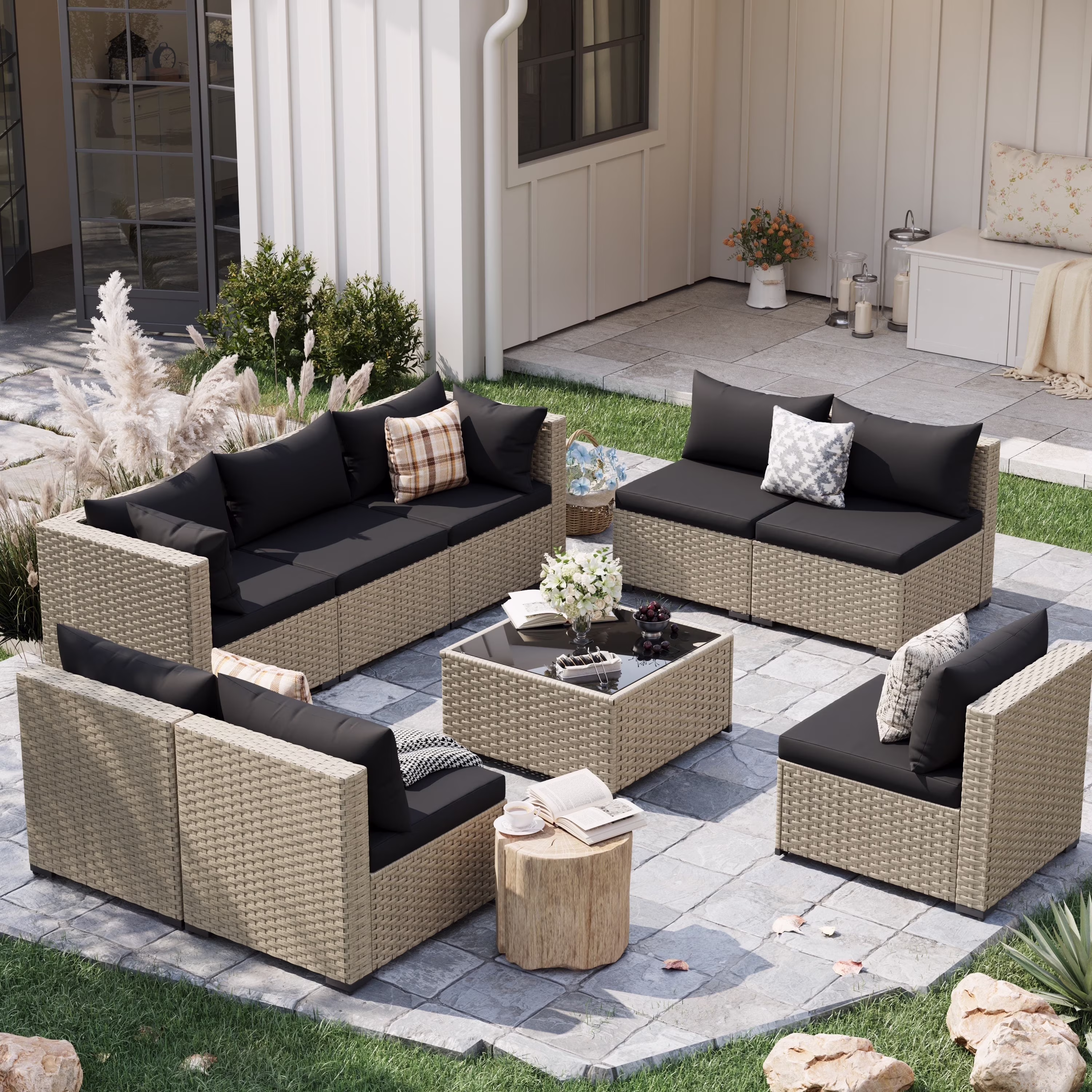 POTEBAN 7 Pieces Outdoor Patio Furniture Set, Grey Rattan Wicker Outdoor Conversation Sectional Sofa Set with Cushions for Backyard, Green