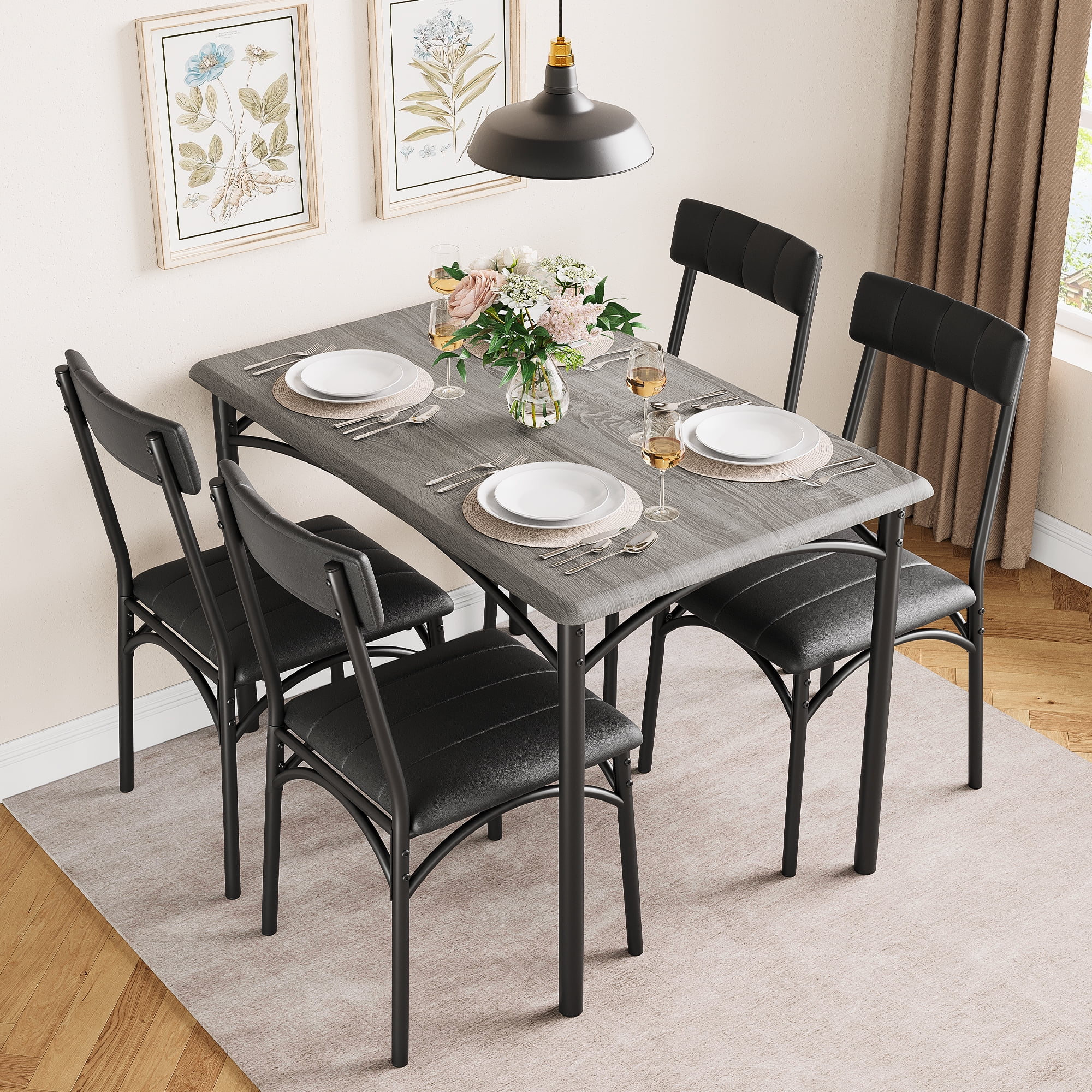 Huloretions Dining Table Set for 4 Kitchen Table and Chairs,Metal and Wood Rectangular Dining Room Table Set with 4 Upholstered Chairs,Kitchen Table For Small Space,Apartment