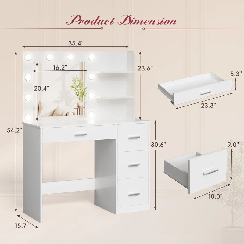 Lacoo Vanity Desk with Mirror and LED Lights, Makeup Vanity with 7 Drawers & 4 Shelves, Vanity Table with Power Outlet for Bedroom Dressing Room, White