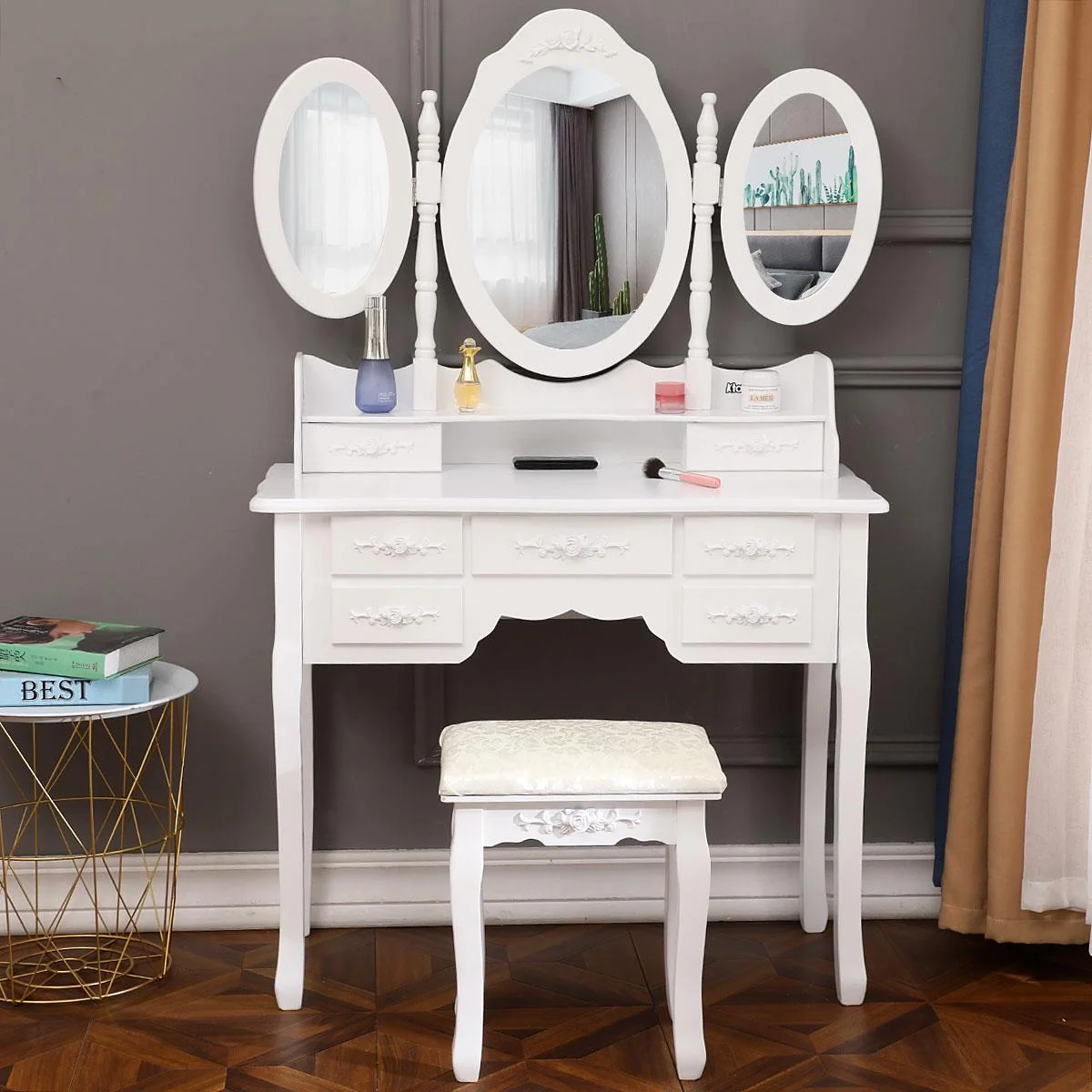 Ktaxon Vanity Set,Flip-top Mirror Dressing Table Makeup Vanity Table Writing Desk with 2 Drawers and Stool, White