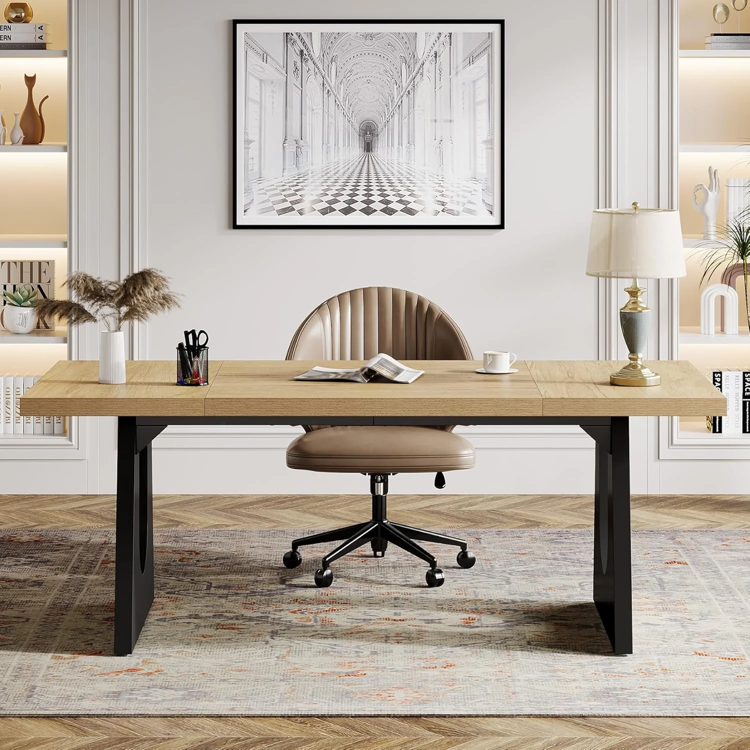 Tribesigns 70.9-Inch Executive Desk, Computer Office Desk, Modern Simple Desk with Large Desktop, Writing Desk Workstation Business Furniture for Home Office, Study, Metal Frame, Oak and Black