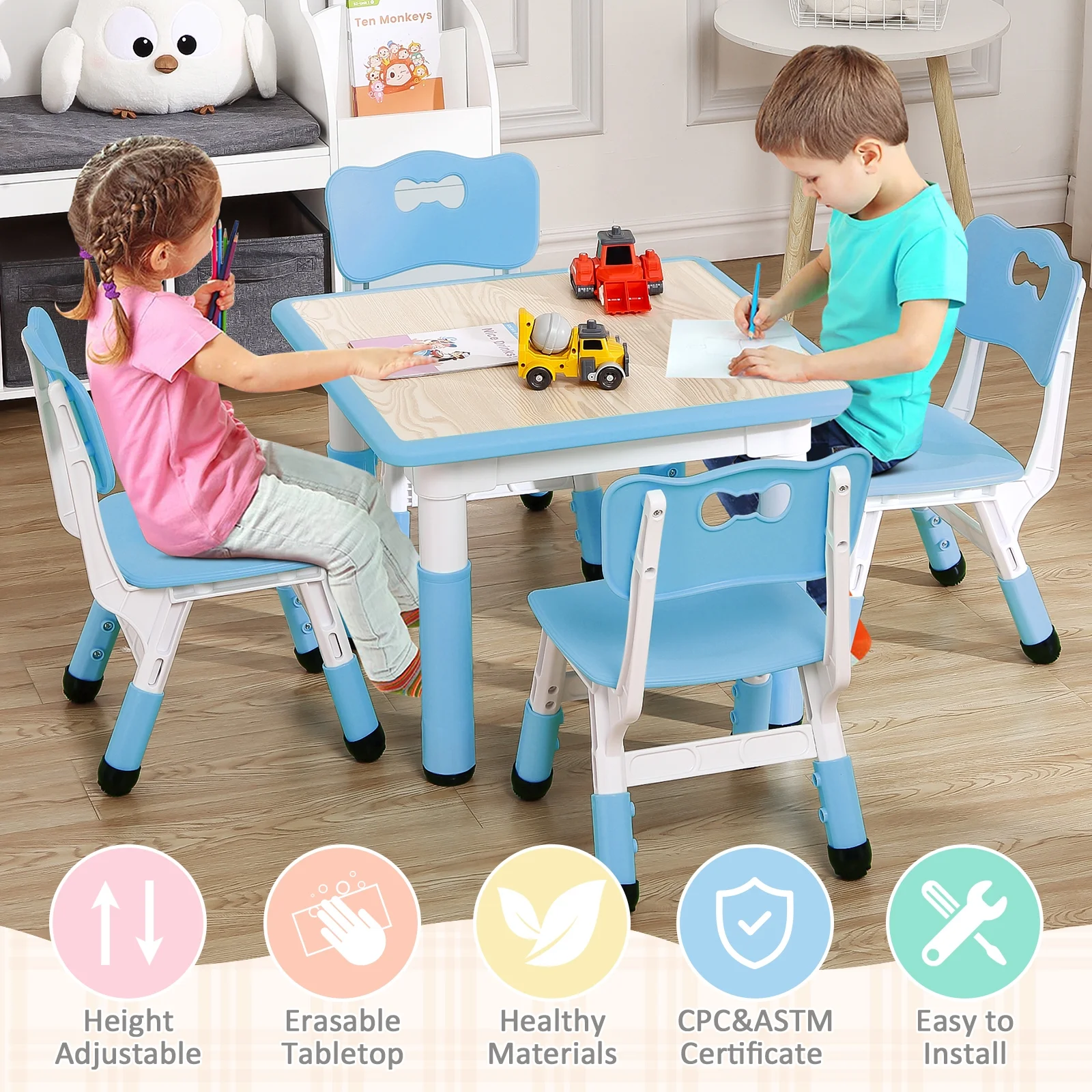 KATIDAP Kids Table and 4 Chairs Set, Height Adjustable Toddler Table and Chair Set, Graffiti Desktop, Classroom/Daycare/Home, Children Multi-Activity Table for Ages 2-8,Blue