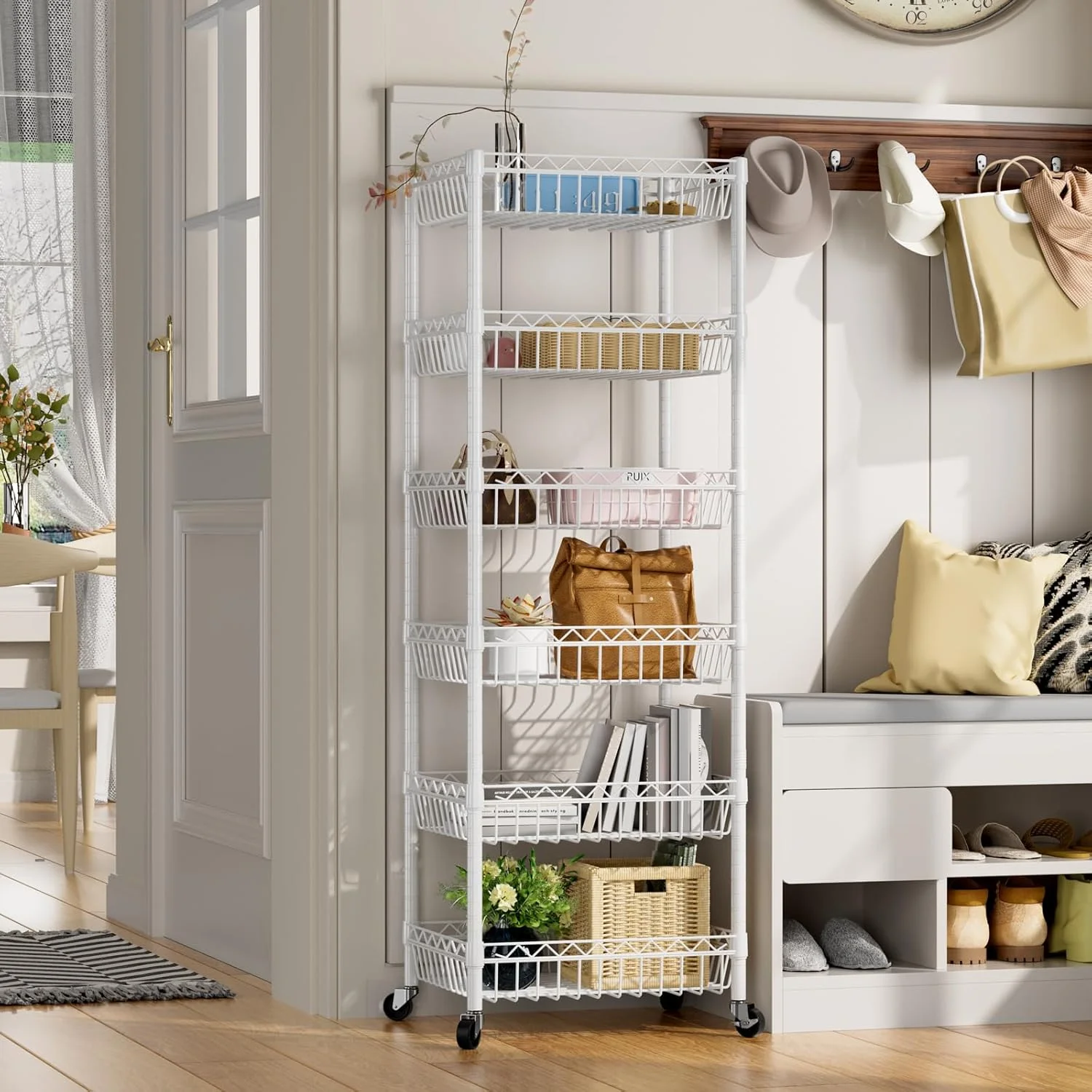 6 Tier Wire Shelving Unit with Wheels Baskets Storage Rack Corner Shelves Adjustable Shelf Closet Bathroom Organizers Metal Pantry Kitchen Garage Laundry Room 13.5
