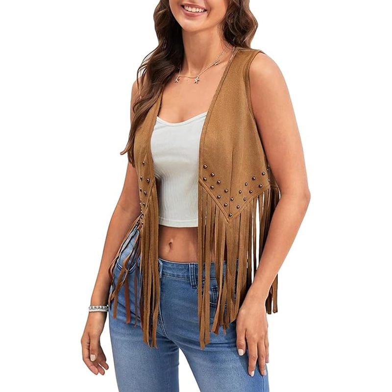 Women's Tassel Vest 70s Hippie Vest Sleeveless PU Fringe