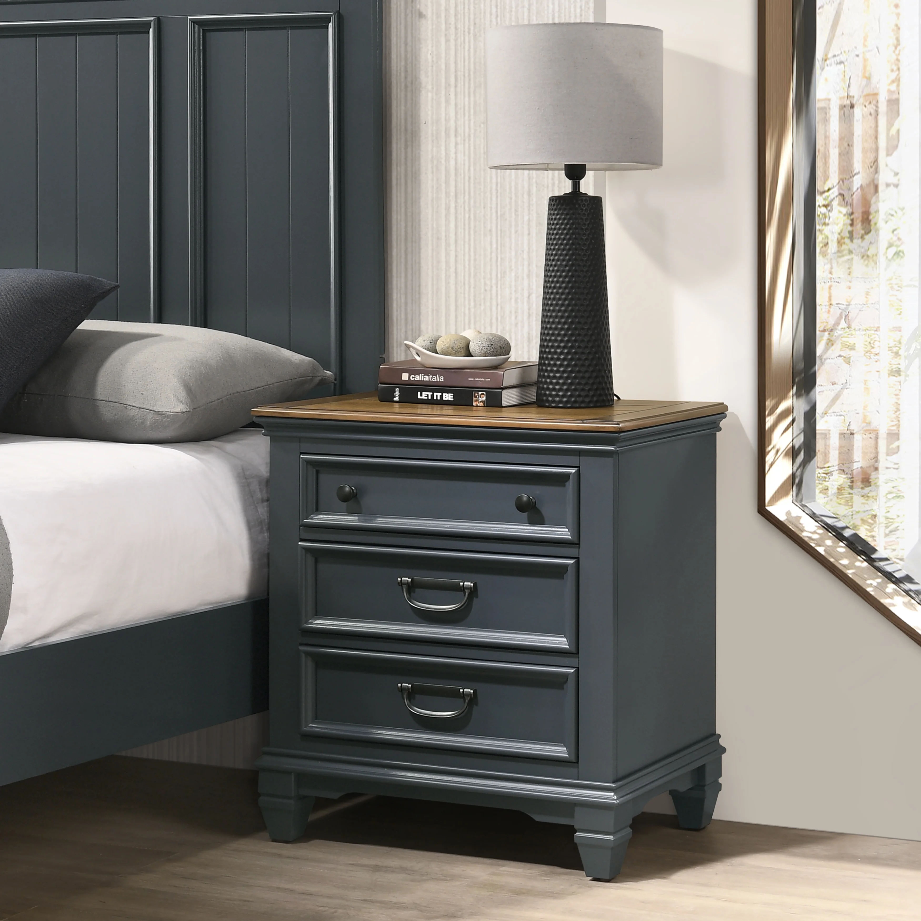 Roundhill Furniture Clelane Wood Bedroom Set Panel King Bed, Dresser, Mirror, and Nightstand
