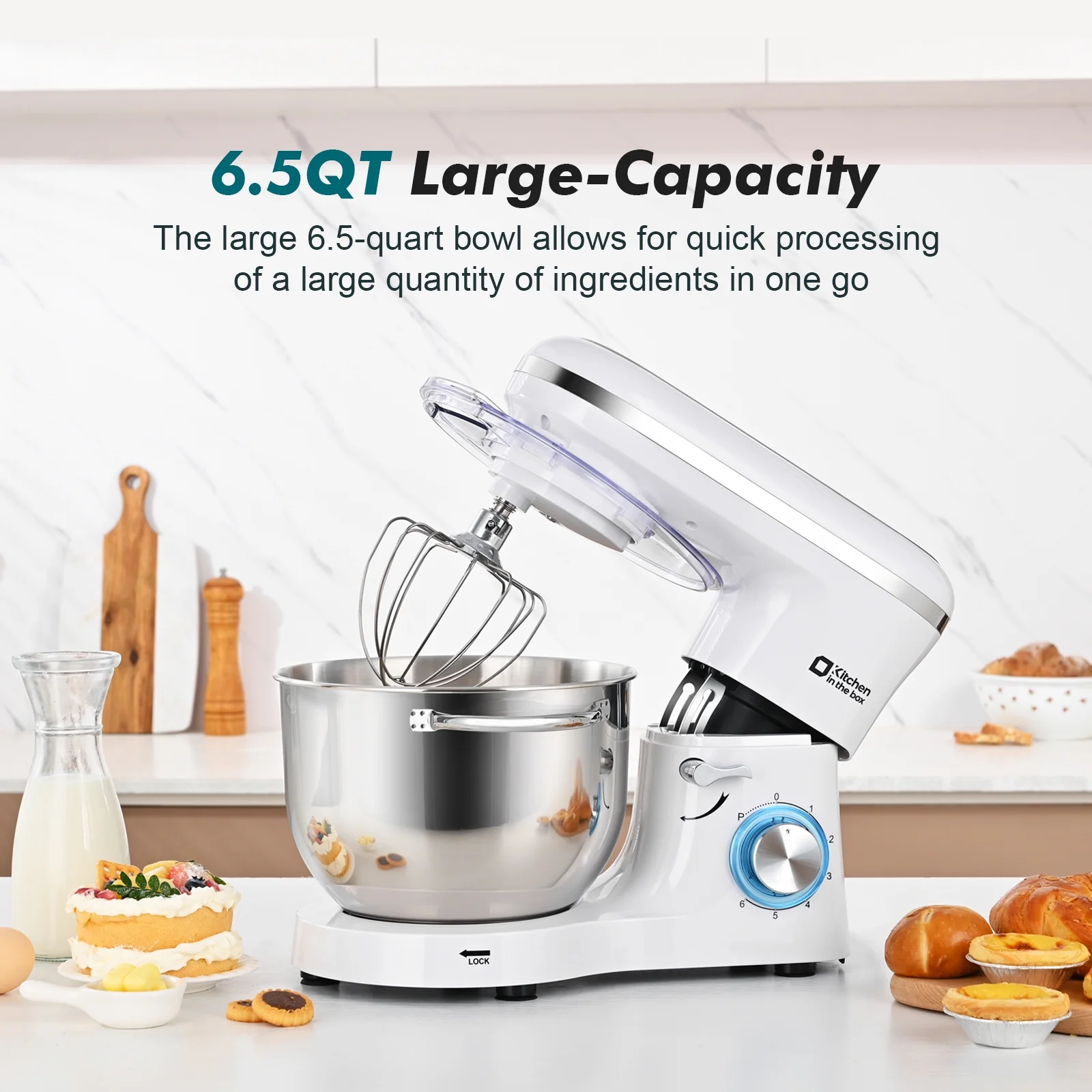 Kitchen in the box Tilt-Head Stand Mixer, Electric Kitchen Mixer with 6.5QT Stainless Steel Bowl, 660W Food Mixer with 6-Speed, Black