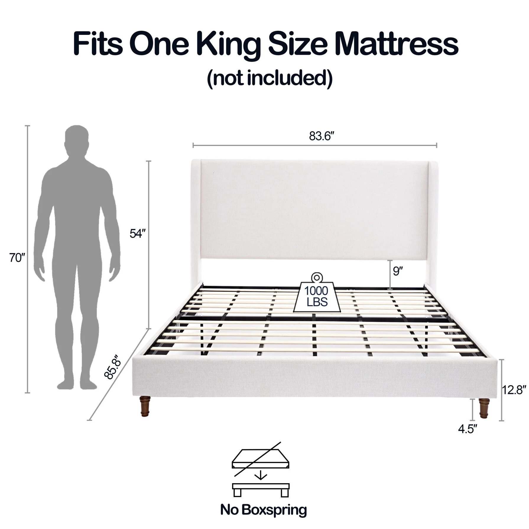 King Bed Frame Upholstered Bed with Tall Headboard, Chenille Platform Bed King Size, No Box Spring Needed, Easy Assembly, Ivory