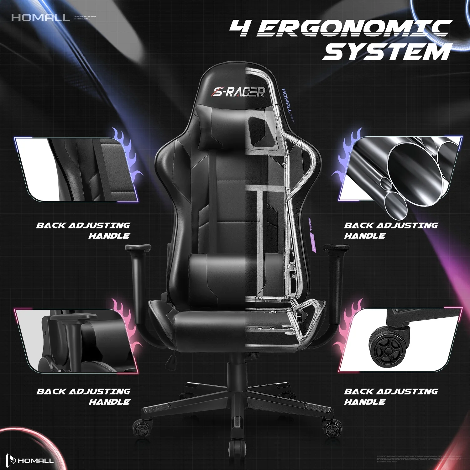 Homall Gaming Chair Office Chair High Back Computer Chair Leather Desk Chair Racing Executive Ergonomic Adjustable Swivel Task Chair with Headrest and Lumbar Support, Purple