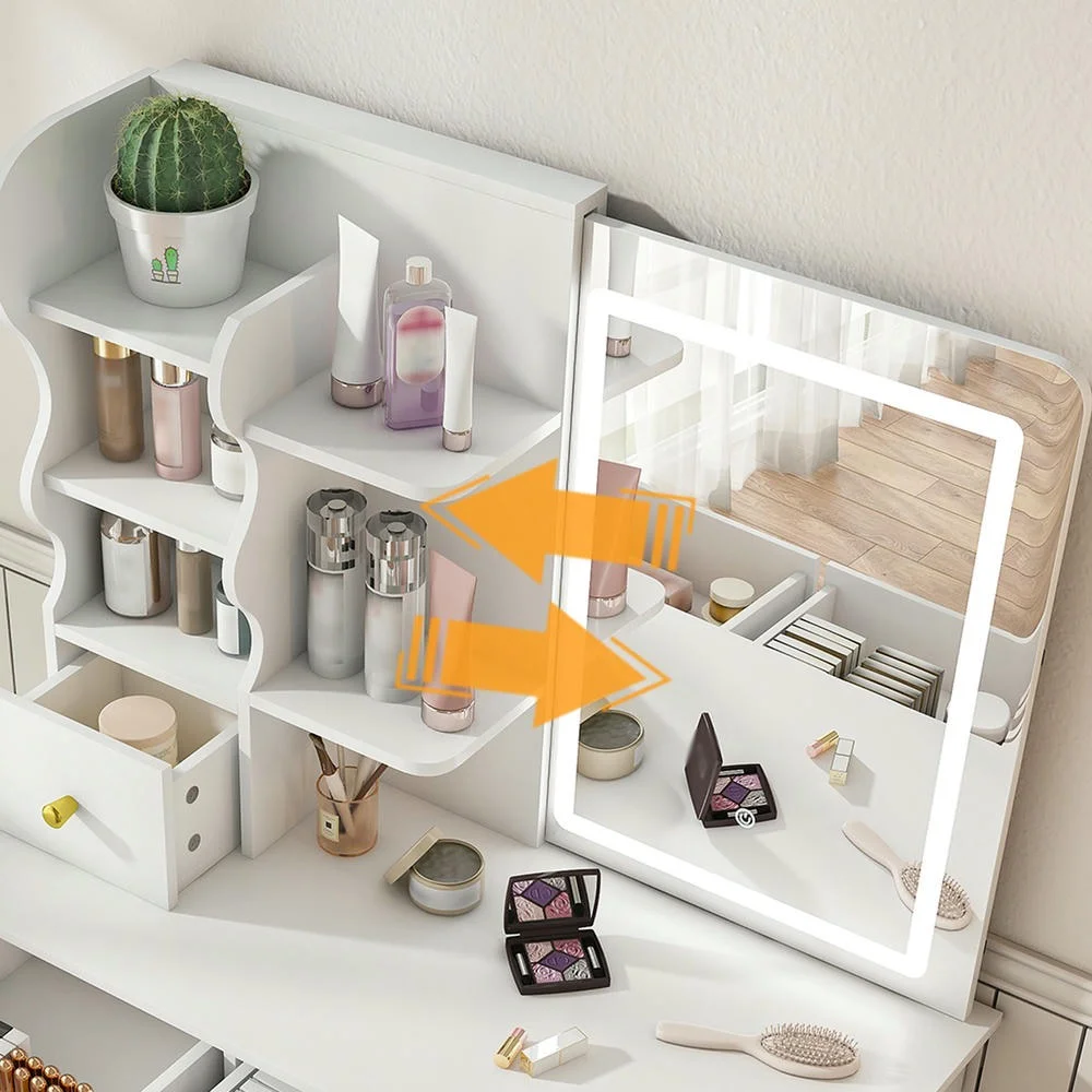 Kadyn Vanity Desk with Lighted Mirror, Vanity Table and Chair Set with 2 Drawers, Dressing Table Makeup Desk with 1 Door, Retro Gray