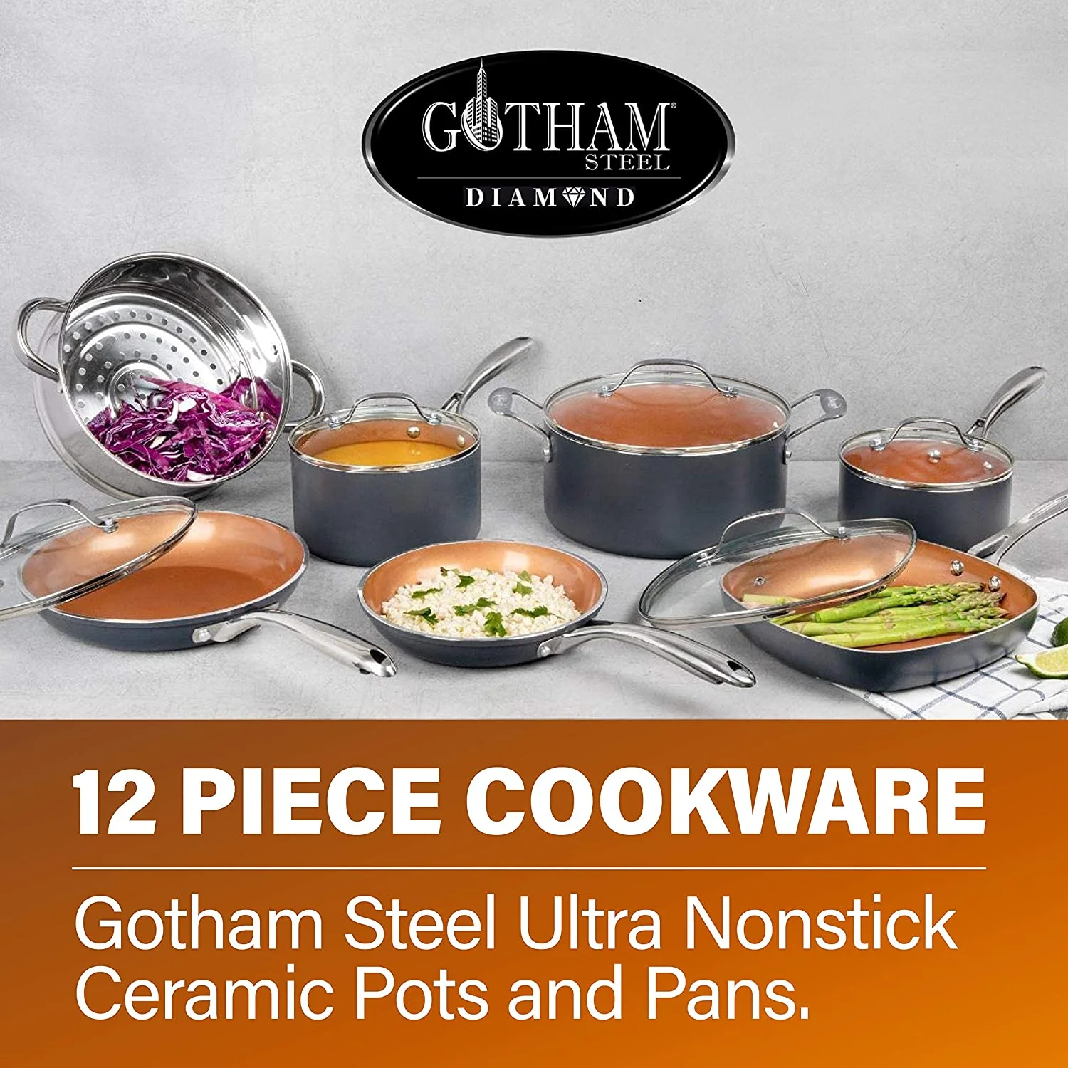 Gotham Steel 12 Pc Pots and Pans Set Non stick, Ceramic Cookware Set with Square Skillet, Dishwasher Safe