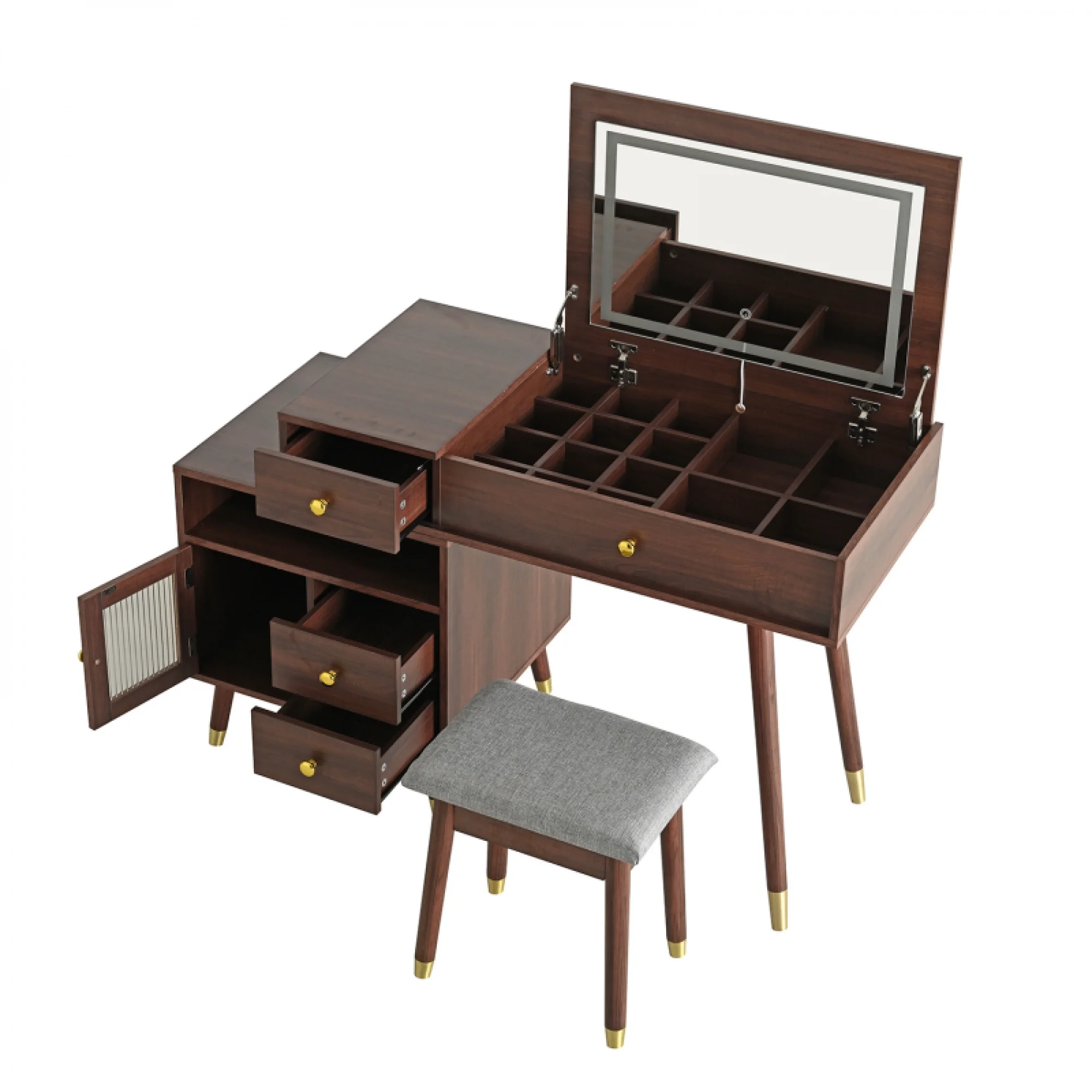 3-in-1 Vanity Desk with Lighted Flip-Top Mirror & Adjustable Cabinet, Makeup Dressing Table with Stool, Dresser with Drawers for Bedroom, White