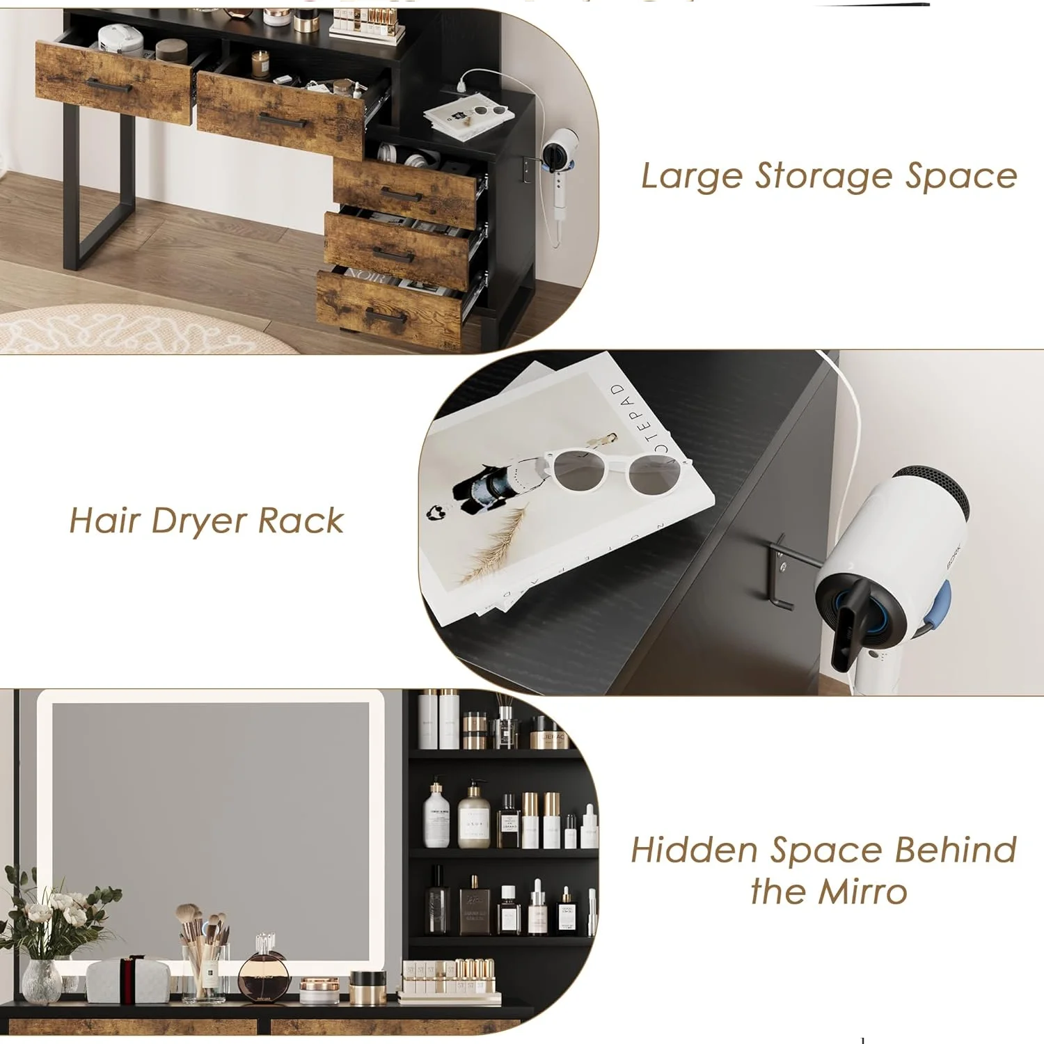Vanity Desk with Adjustable LED Lighted Sliding Mirror,Makeup Vanity with 5 Drawers&Open Shelves for Bedroom
