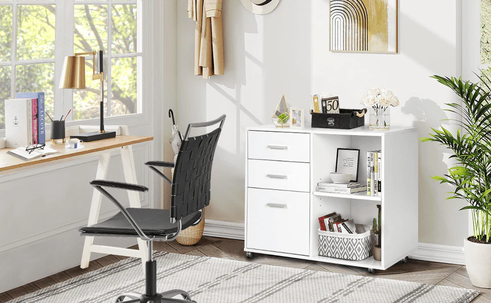 Richya Wood File Cabinet , Printer Stand with Open Storage Shelf, 3-Drawer File Cabinet, Home Office White