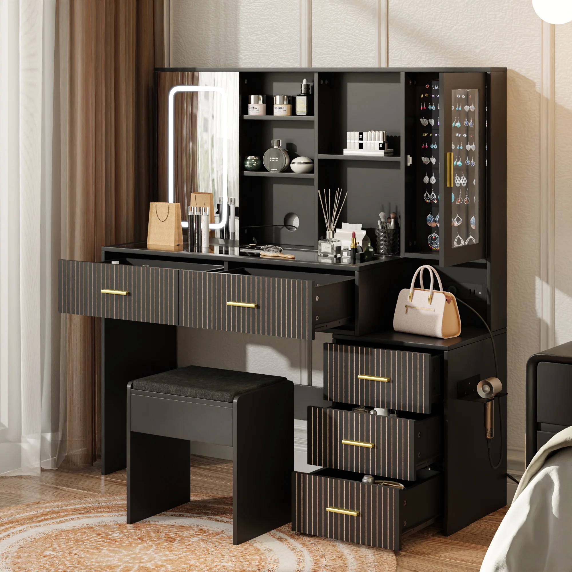 Diubas Large Vanity Desk with Mirror, Makeup Vanity Table with 5 Drawers, LED Lights & Power Outlet