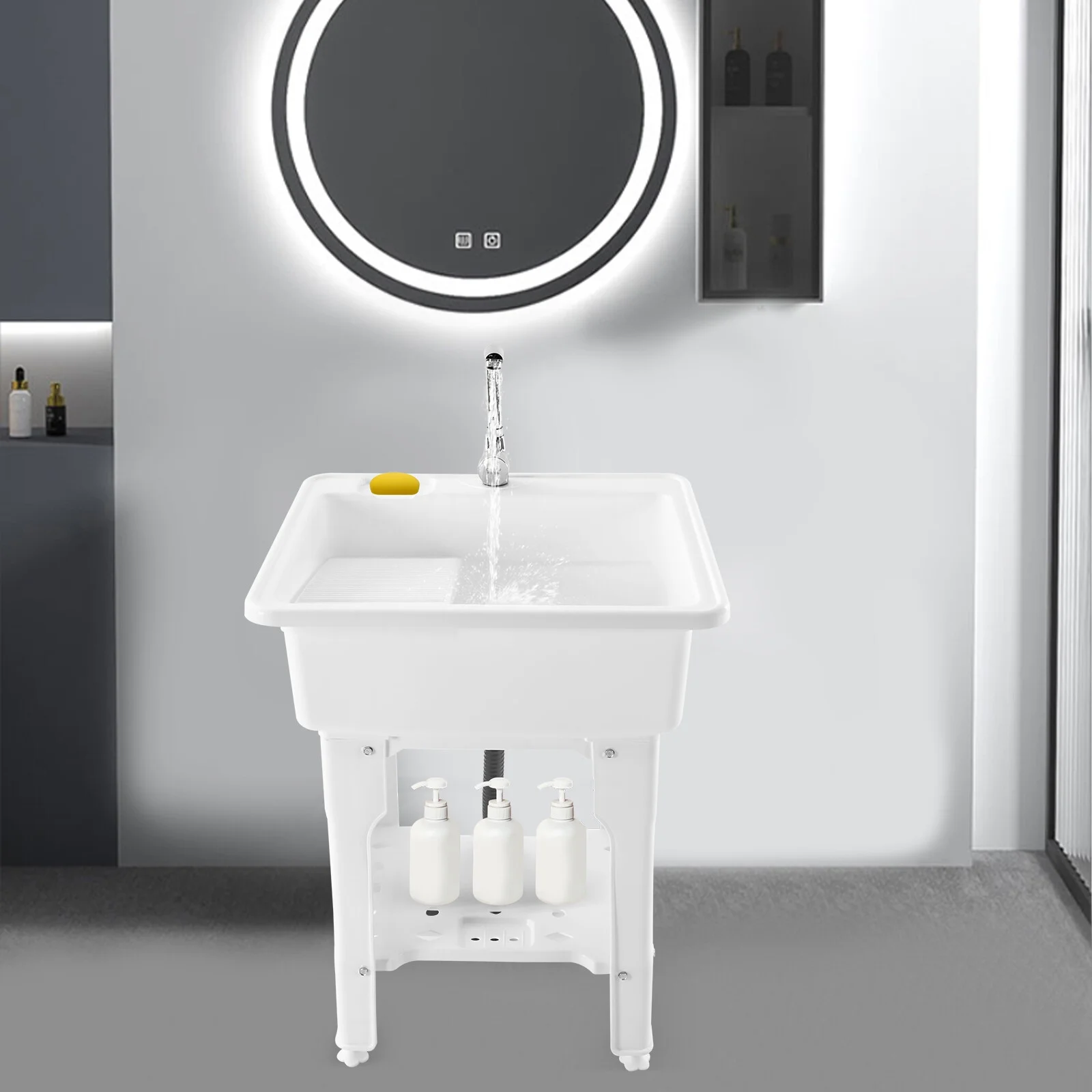 Freestanding Laundry Sink Plastic Basin Tub Utility Wash Bowl with Hot&Cold Faucet/Washboard for Sundry Rooms