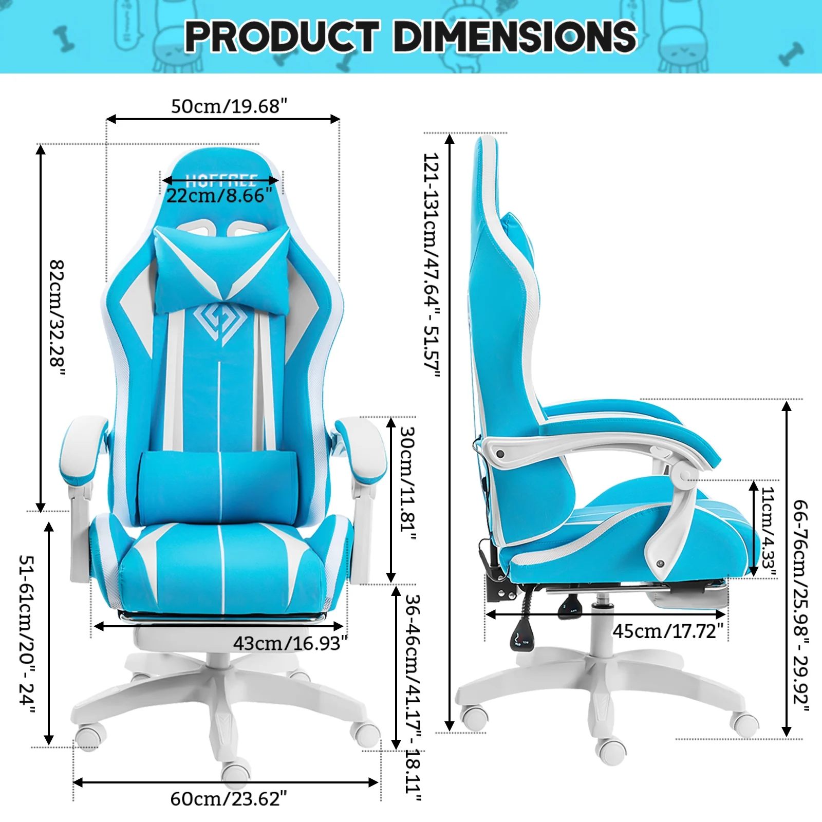 Hoffree Gaming Chair with Massage PU Leather Office Chair with Footrest and LED Light Ergonomic Gamer Chair Lumbar Support Adjustable Headrest High Back Computer Desk Chair for Home Office