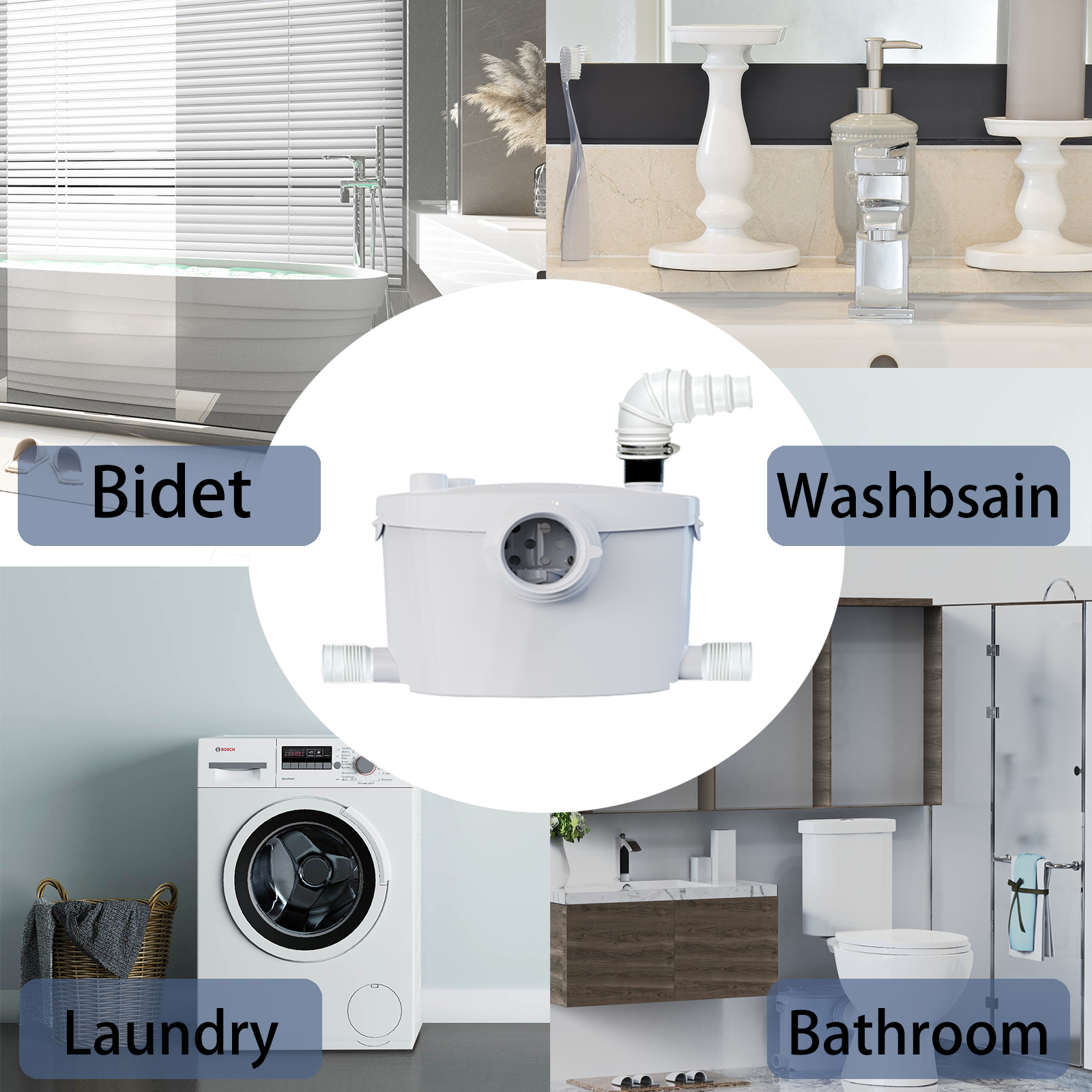 600watt Macerating Toilet with Pump, Upflush Toilet for Basement with 4water Inlets Connect Kitchen Sink Bathroom Included Macerator Pump, Water Tank, Toilet Bowl, Toilet Seat, Extension Pipe