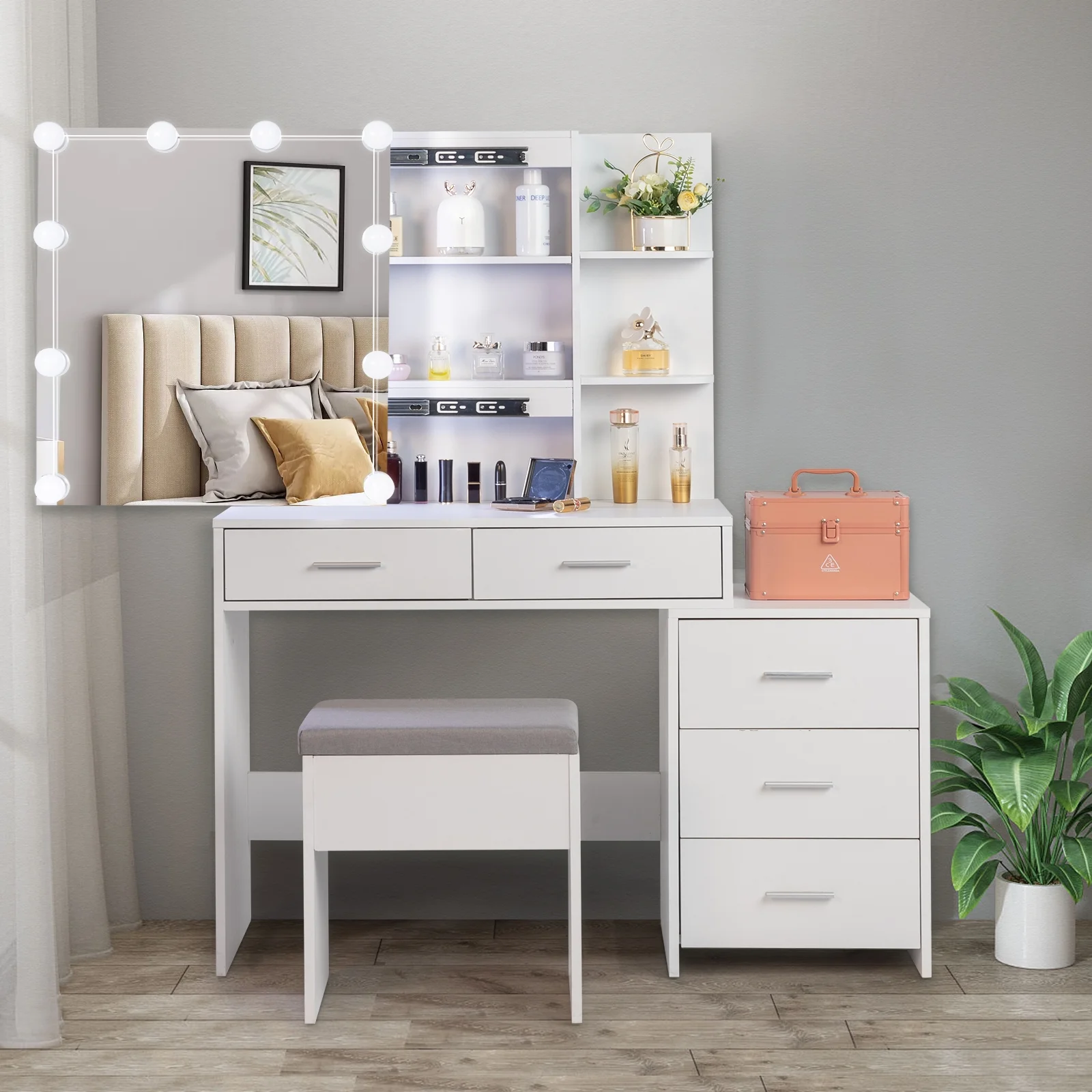 Ktaxon Flutted Makeup Vanity Table Set with 5 Drawer, Dressing Table w/Charging Station, Vanity Desk for Femal Gift, White