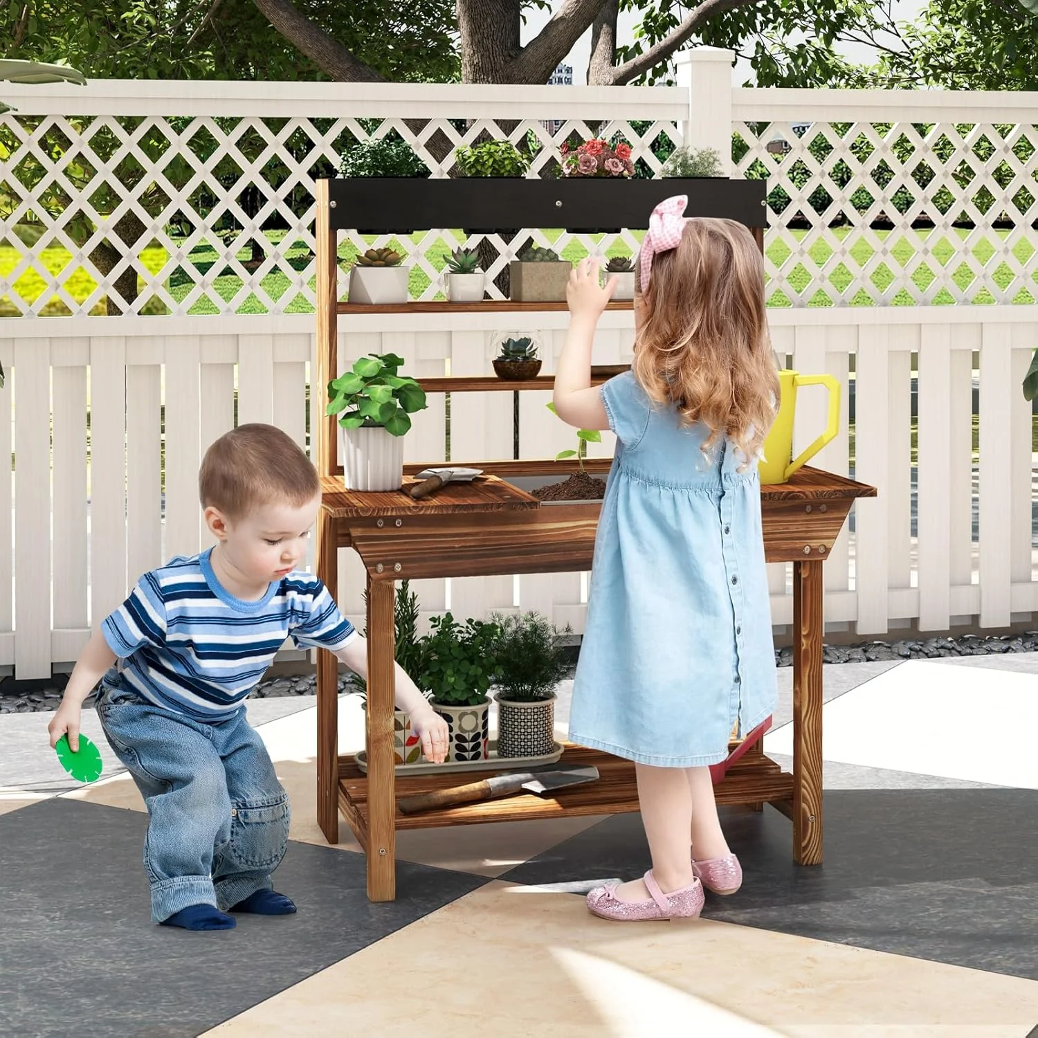 DORTALA Kids Potting Bench, Fir Wood Outdoor Mud Table with Removable Sink, 4 Pots, Chalkboard, Storage Shelves, Garden Kid Kitchen Playset, Mud Kitchen for Kids Outdoor