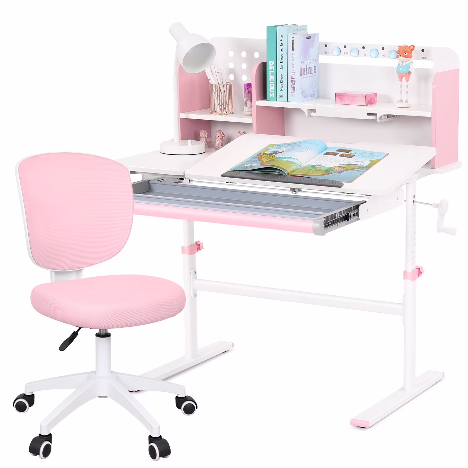 Adjustable Height Ergonomic Kids Study Desk & Chair Set Children Students Drafting Table Home School with Shelf,Drawer(Gray)