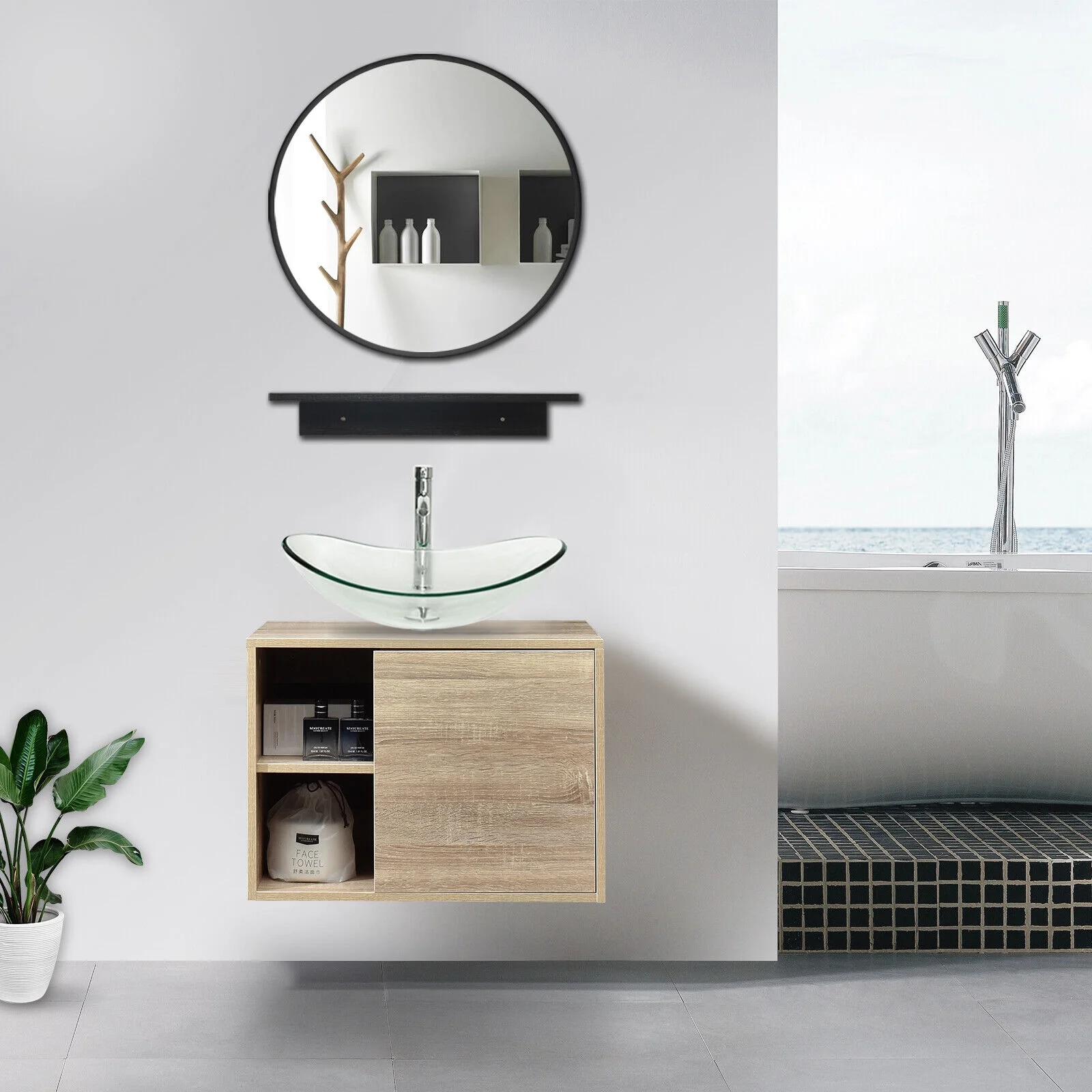 PULUOMIS Wall Mounted Bathroom Vanity Set with Mirror Storage Shelf, PVC Sheet Natural Cabinet with Black Side Panels (Cabinet + Sink)