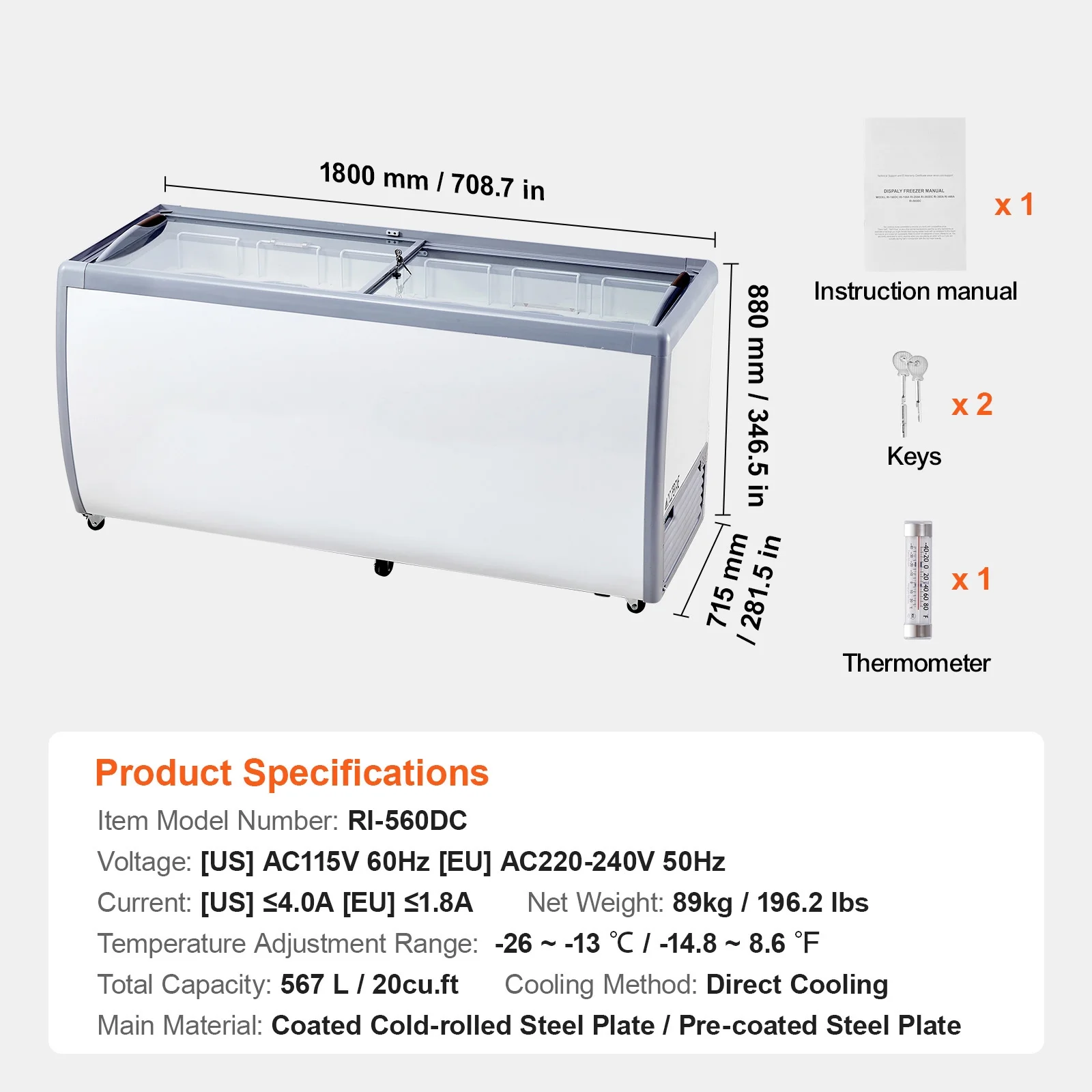 KFFKFF Professional Ice Cream Showcase, 20 Cu.ft Storage Freezer, Portable Transparent Lid Deep Freezer, Diner Sorbet Serving Cabinet with 12 Spacious Tubs,Dual Slide Glass Doors,Secure Casters,White