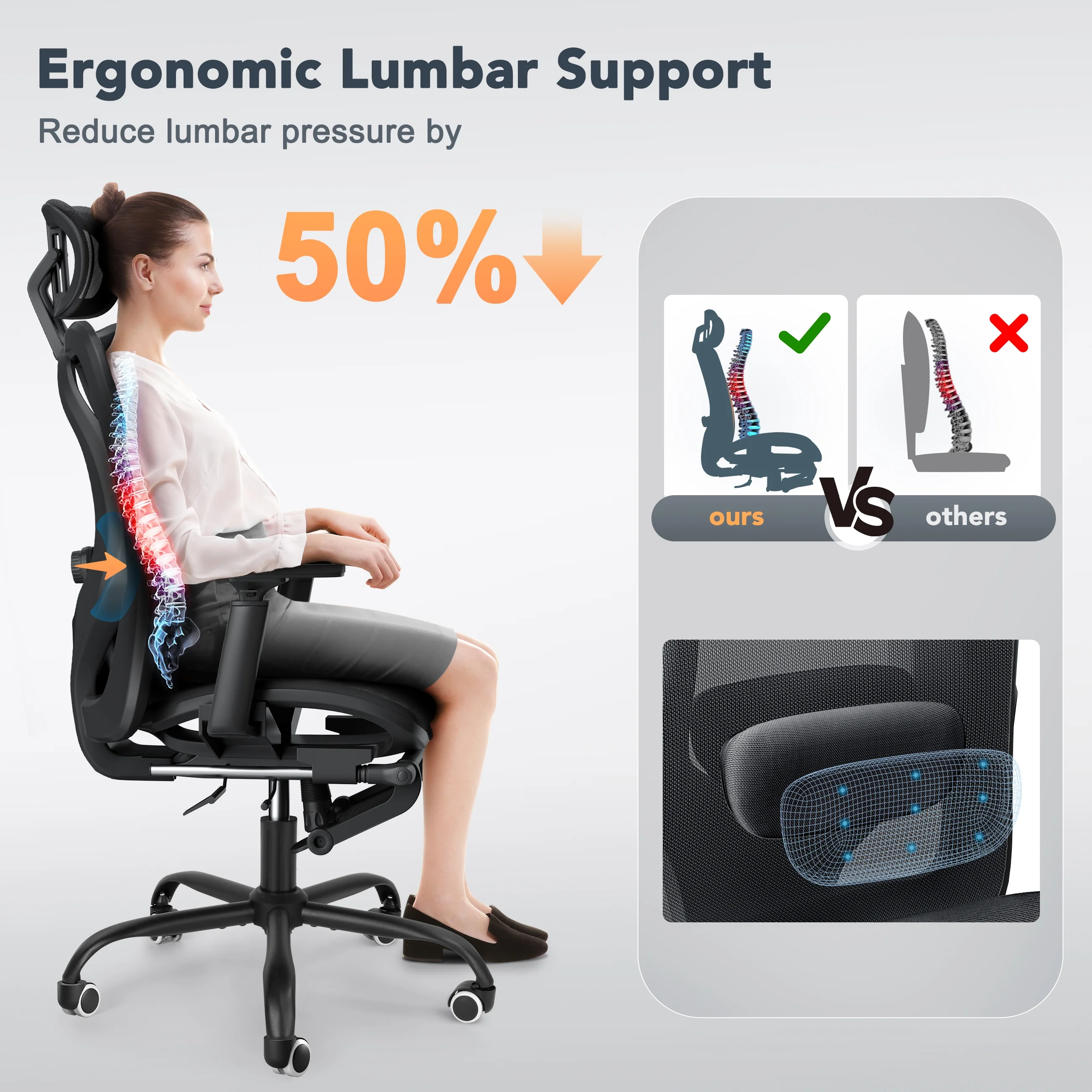 EVMORE Ergonomic Office Chair, Computer Desk Chair with Lumbar Support, Adjustable Headrest, and Breathable Mesh Back - 400 lbs Capacity, Black(with Footrest/3D Armrest)