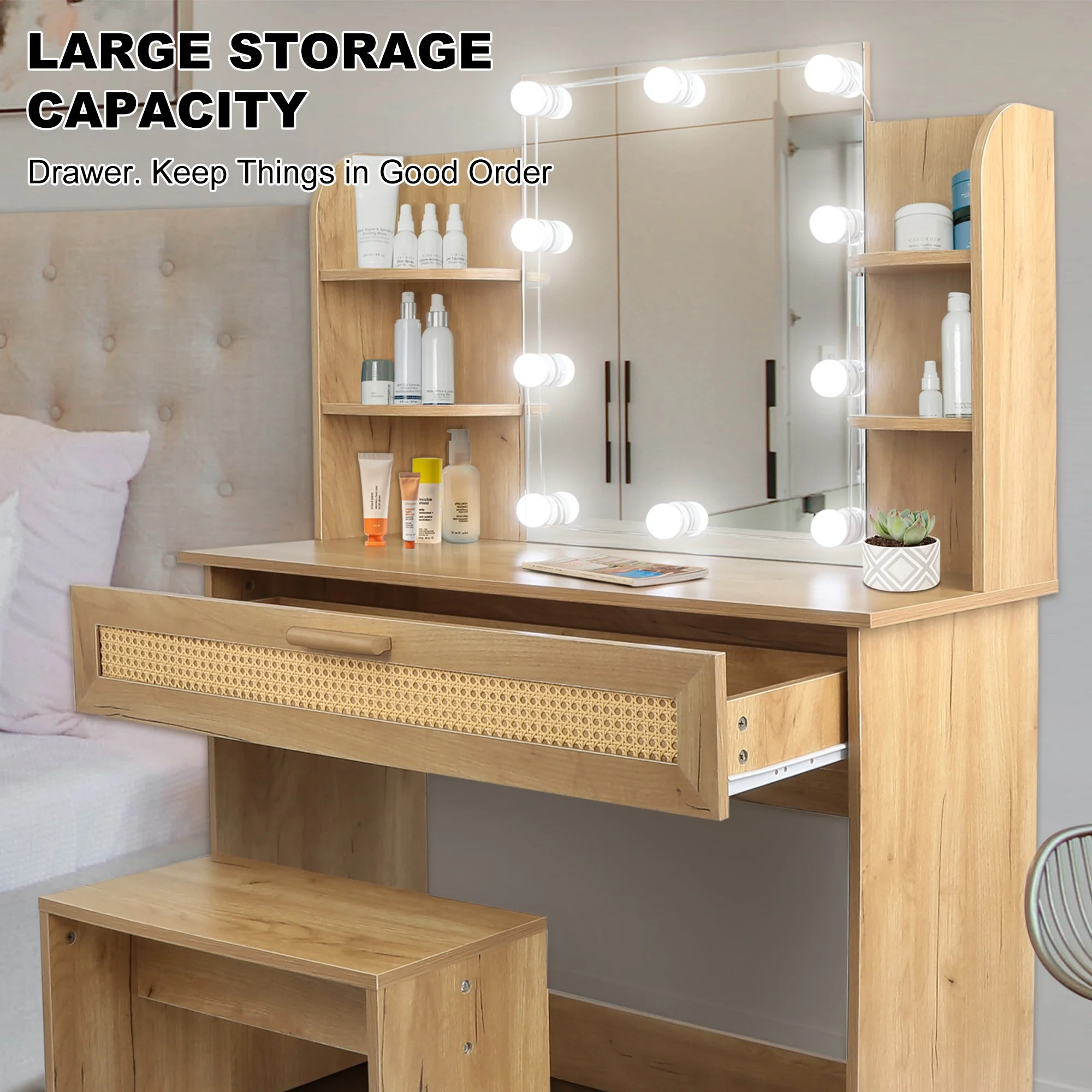Resenkos Vanity Desk Set with Mirror and Lights for Makeup, 5 Drawers Storage Dresser for Bedroom, White
