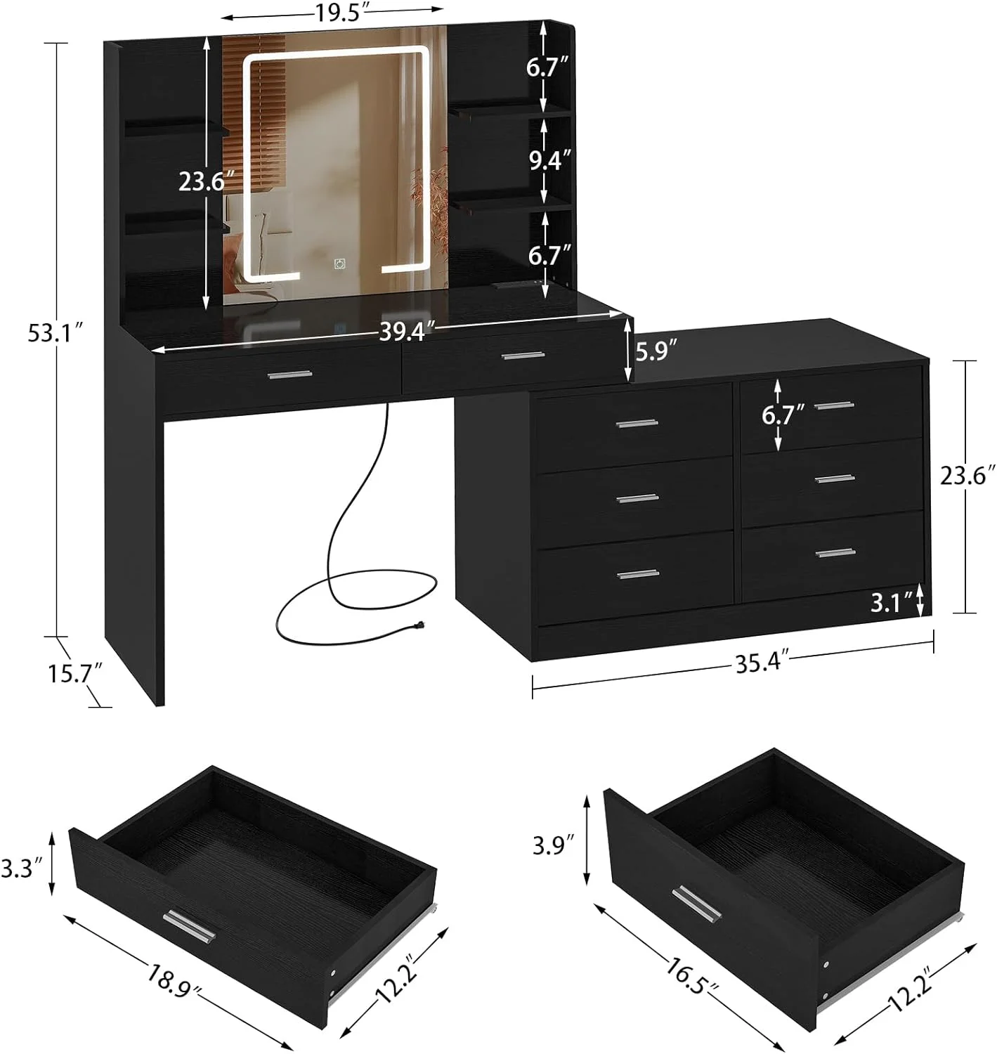 Vanity Makeup Desk with LED Light Mirror & Power Outlet, 8 Drawers, 6 Storage Shelves, 3 Color Modes & Adjustable Brightness Dressing Table, Corner Vanity, L Shape Change, 39.4��Desk, Black