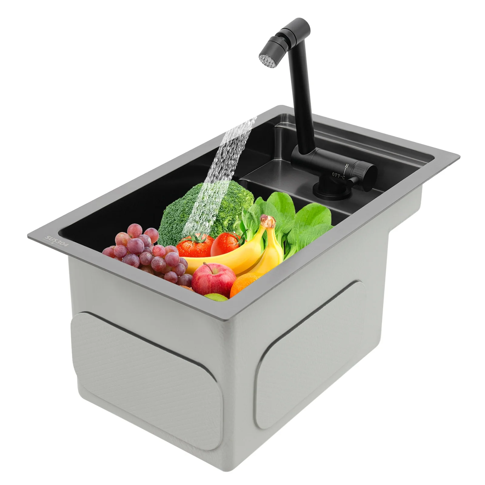 Modern Drop in Bar Sink, Single Bowl Kitchen Sink with Foldable Faucet, Black Nano 304 Stainless Steel Utility Sink for Compact Kitchen Commercial Hotel RV Laundry