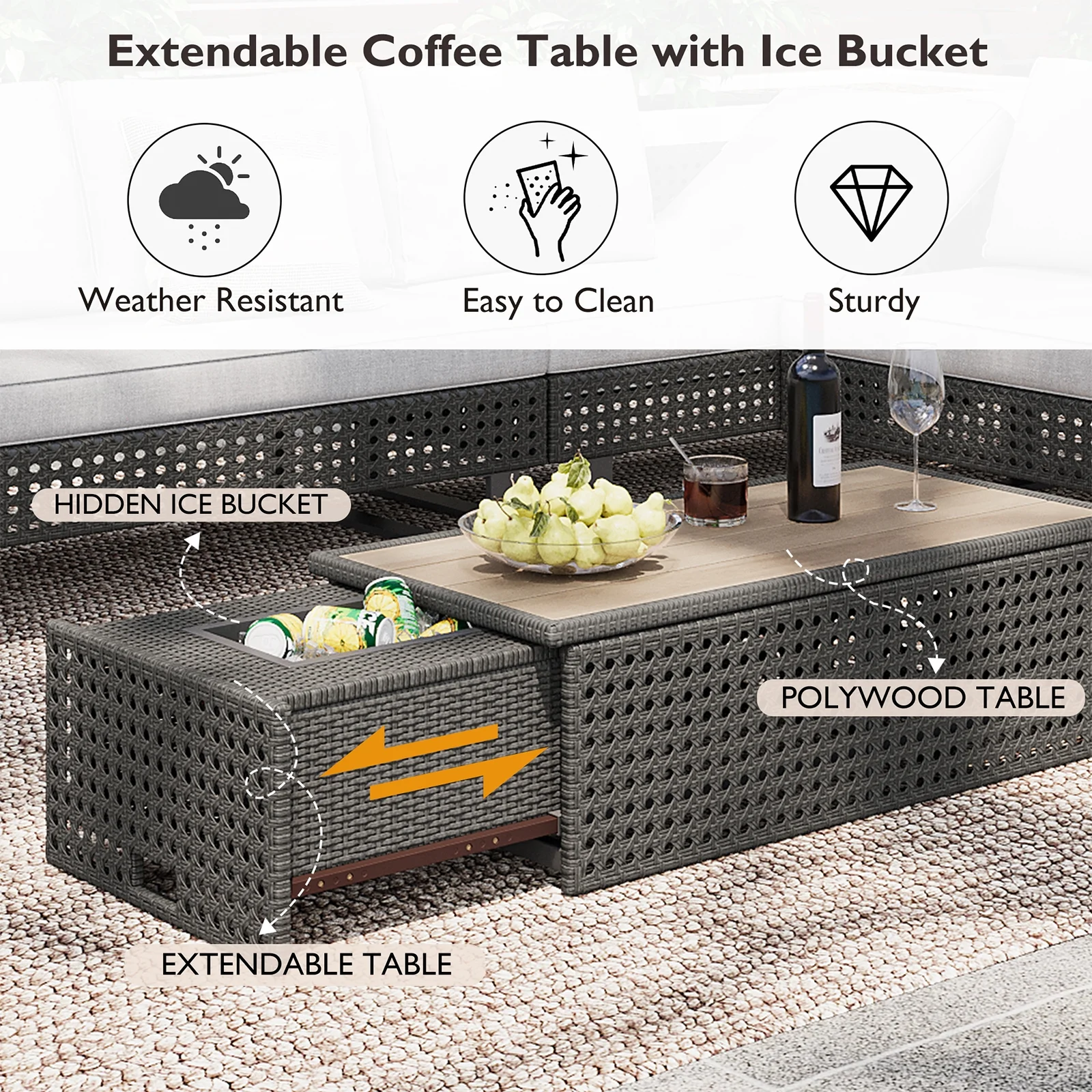 6-Piece Outdoor Sectional Furniture Set for Patio, Expandable Coffee Table w/ Ice Bucket & Collapsible Seat, Deep Cushions - Khaki