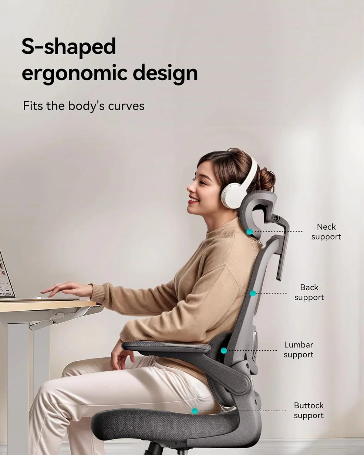Hbada P1 Ergonomic Office Chair, Desk Chair with Adjustable Lumbar Support, Home Office Desk Chair with 2D Headrest, Flip-up Armrest, Swivel Computer Chair, Black