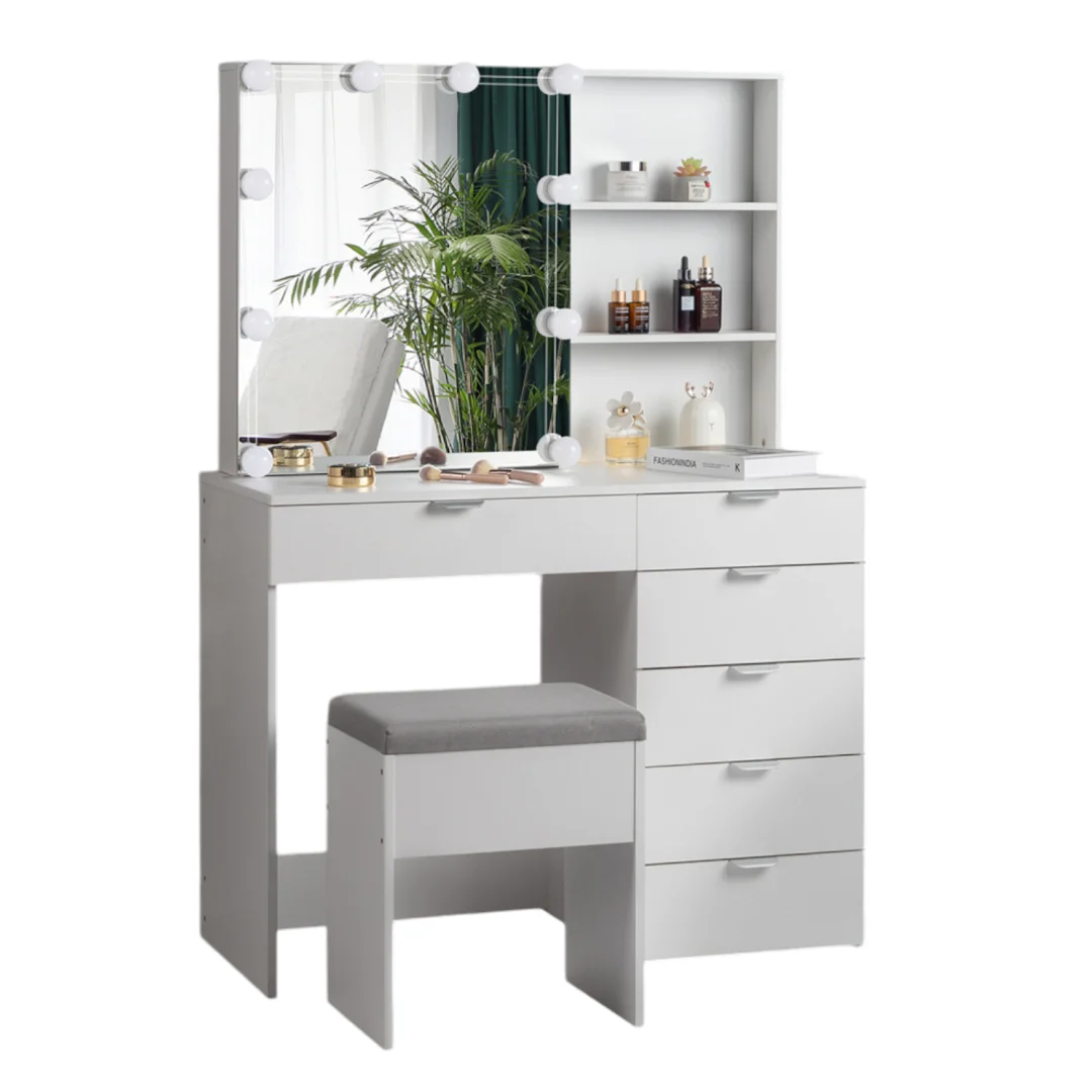 Tcbosik Makeup Vanity with LED Mirror & Charging Station, Vanity Desk with Ample Storage Space, Dressing Table with Shelves and 5 Drawers for Bedroom, White