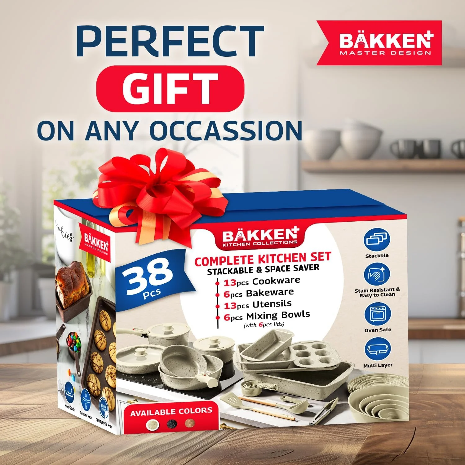 Bakken Master 38 Piece Granite Cookware and Bakeware Set �C Nonstick Granite Coating, Pots and Pans with Detachable Handles and Tempered Glass Lids, 6-piece Bakeware set, 12-piece Mixing Bowls,Brown