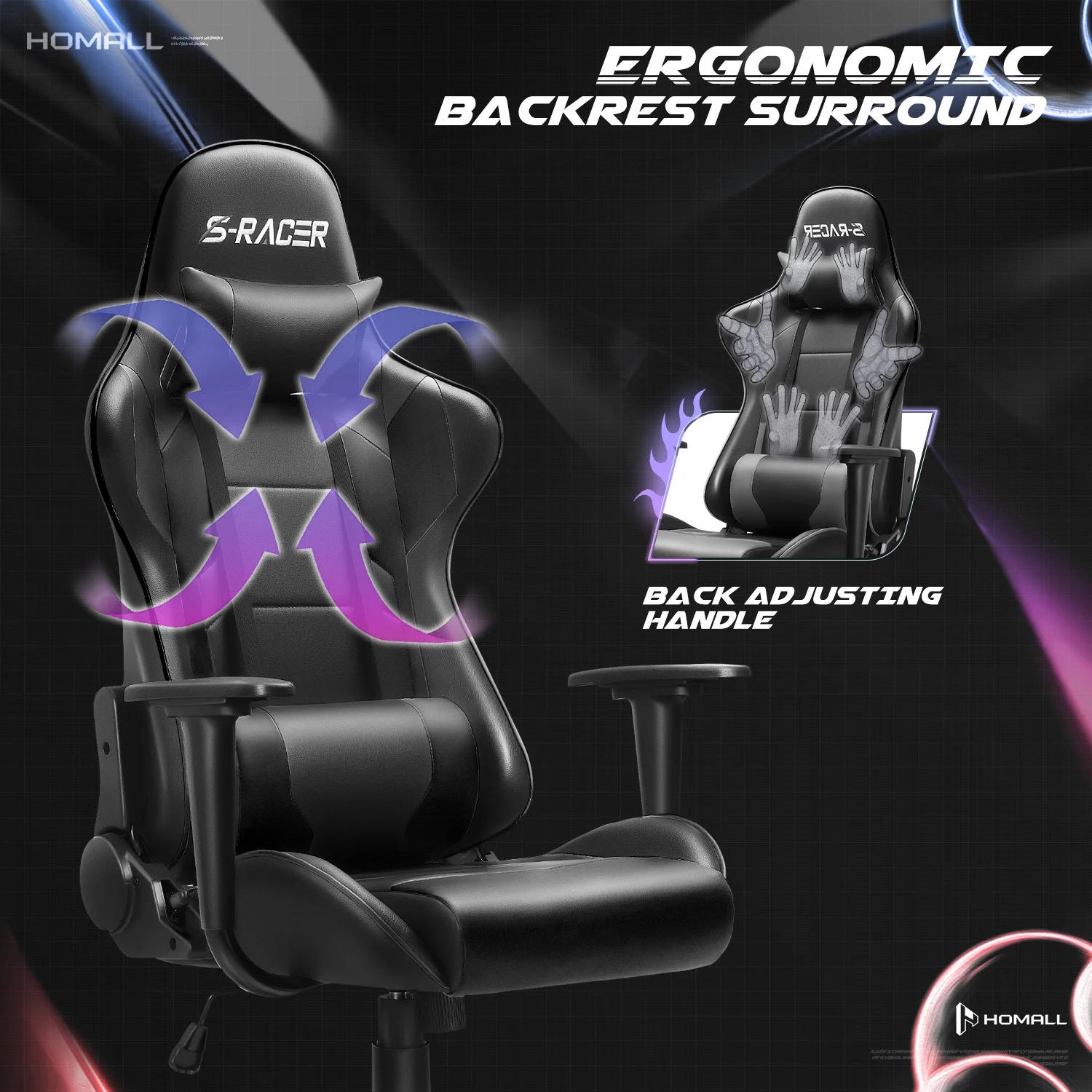 Homall Gaming Chair Office Chair High Back Computer Chair Leather Desk Chair Racing Executive Ergonomic Adjustable Swivel Task Chair with Headrest and Lumbar Support, Purple