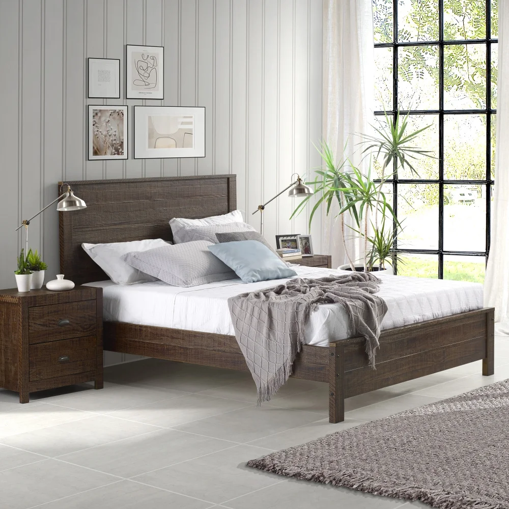 Albany Solid Wood Full Bed Frame with Headboard, Heavy Duty Modern Rustic Full Size Bed Frames, Box Spring Needed